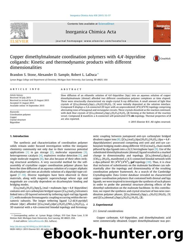 Copper dimethylmalonate coordination polymers with 4,4Ã¢â¬Â²-bipyridine coligands: Kinetic and thermodynamic products with different dimensionalities by Brandon S. Stone & Alexander D. Sample & Robert L. LaDuca