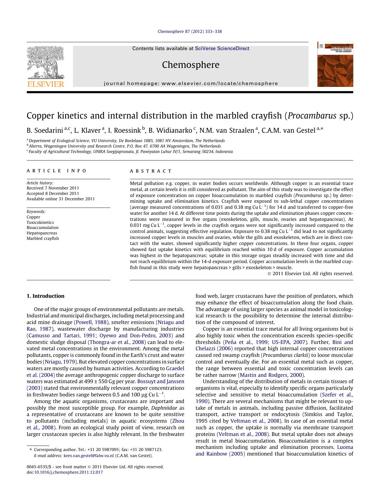 Copper kinetics and internal distribution in the marbled crayfish (Procambarus sp.) by B. Soedarini & L. Klaver & I. Roessink & B. Widianarko & N.M. van Straalen & C.A.M. van Gestel