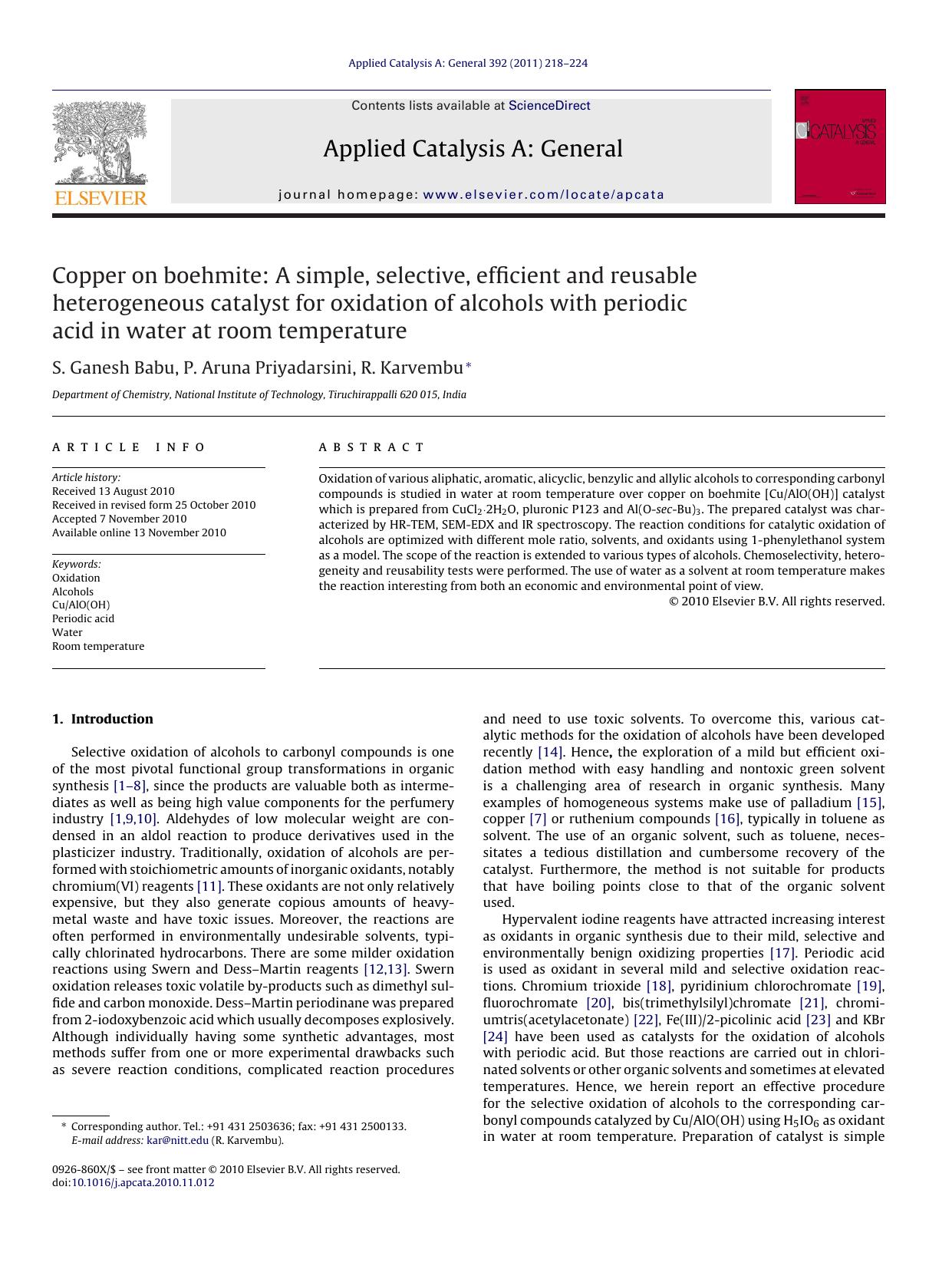 Copper on boehmite: A simple, selective, efficient and reusable heterogeneous catalyst for oxidation of alcohols with periodic acid in water at room temperature by S. Ganesh Babu