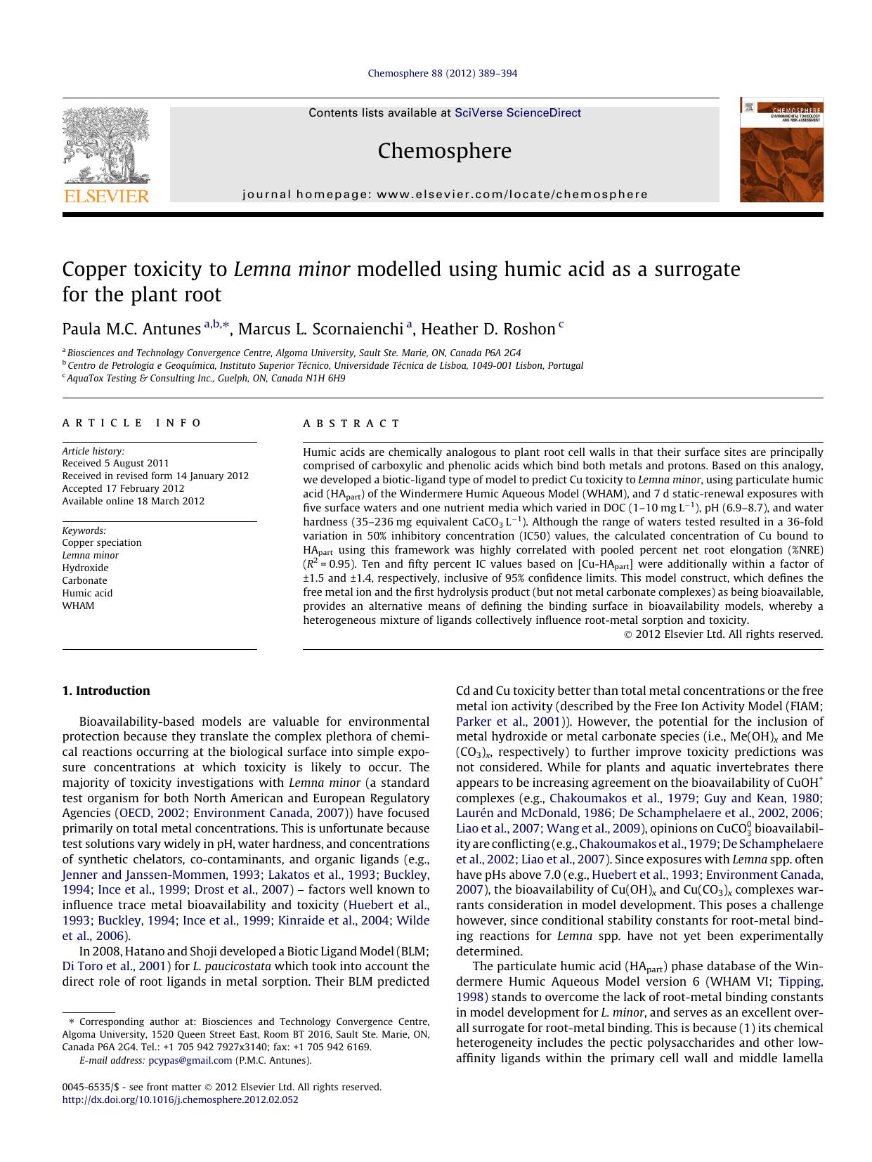 Copper toxicity to Lemna minor modelled using humic acid as a surrogate for the plant root by Paula M.C. Antunes & Marcus L. Scornaienchi & Heather D. Roshon