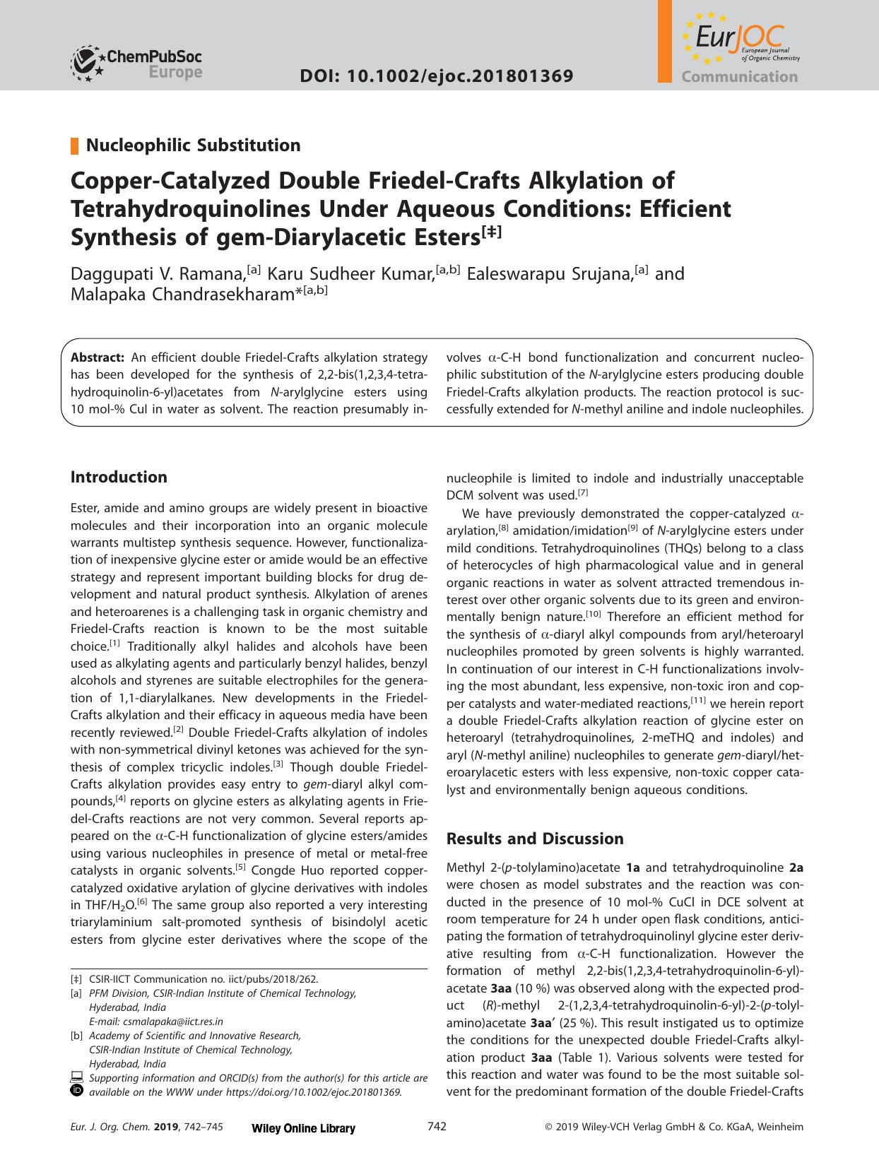 Copper‐Catalyzed Double Friedel‐Crafts Alkylation of Tetrahydroquinolines Under Aqueous Conditions: Efficient Synthesis of gem‐Diarylacetic Esters by Unknown