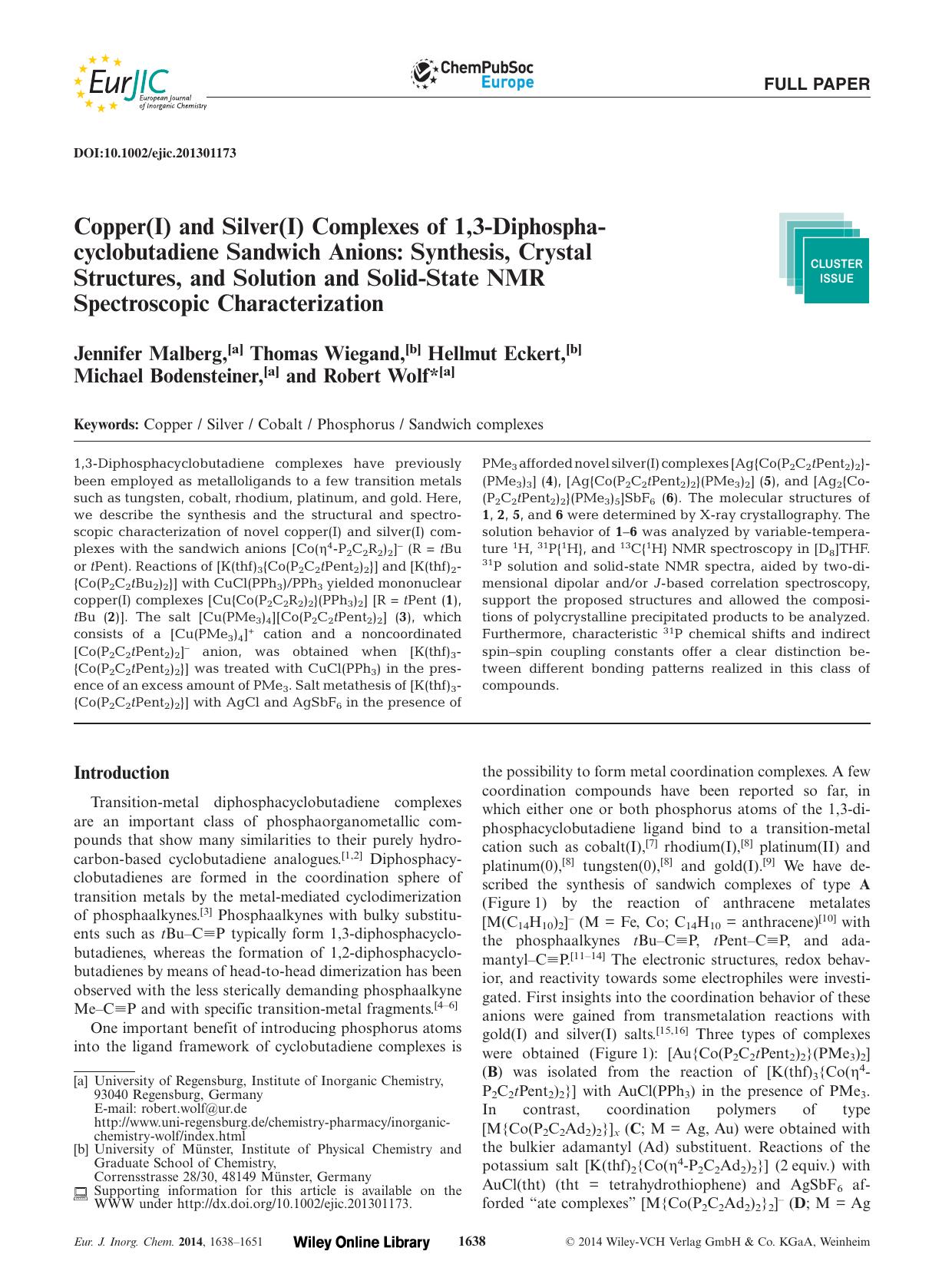 Copper(I) and Silver(I) Complexes of 1,3Diphosphacyclobutadiene Sandwich Anions: Synthesis, Crystal Structures, and Solution and SolidState NMR Spectroscopic Characterization by Unknown