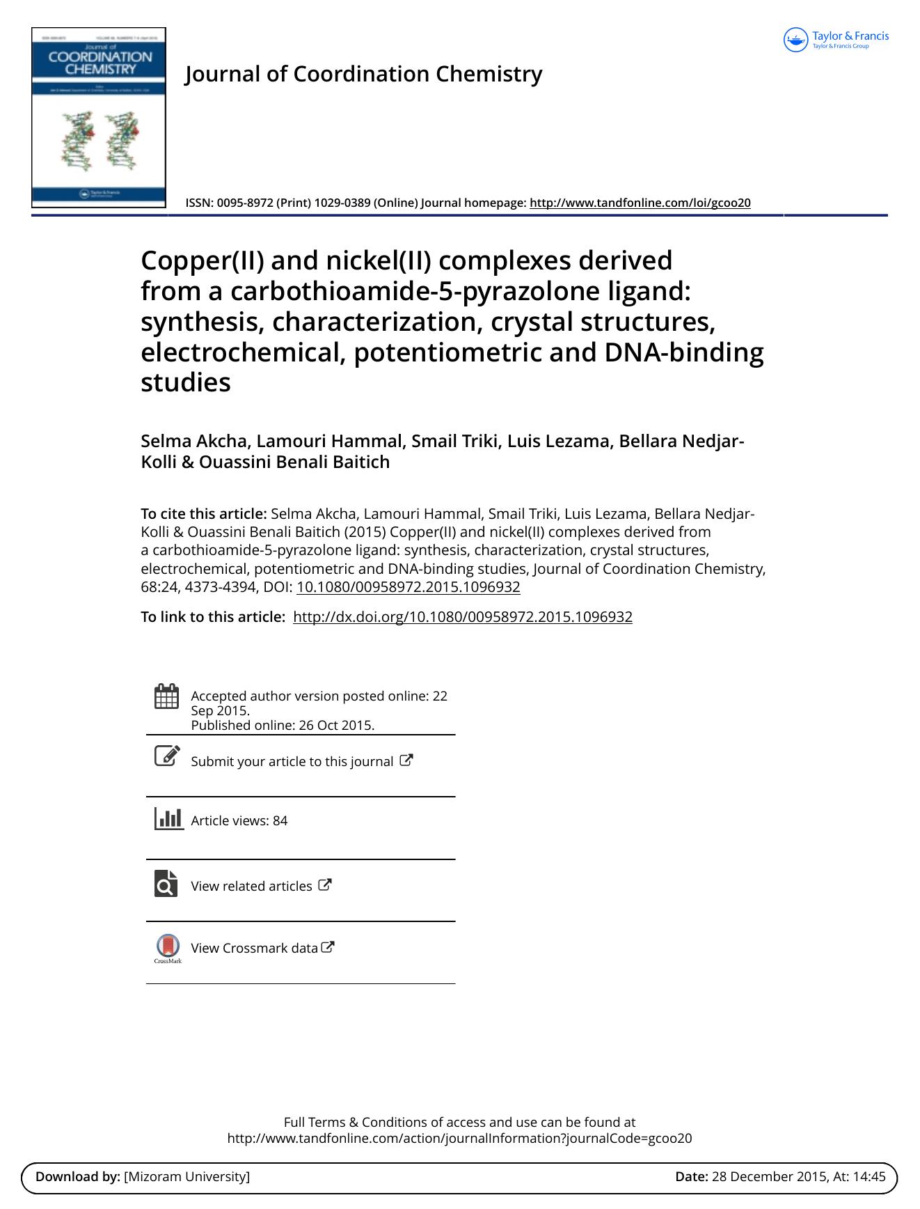Copper(II) and nickel(II) complexes derived from a carbothioamide-5-pyrazolone ligand: synthesis, characterization, crystal structures, electrochemical, potentiometric and DNA-binding studies by Selma Akcha