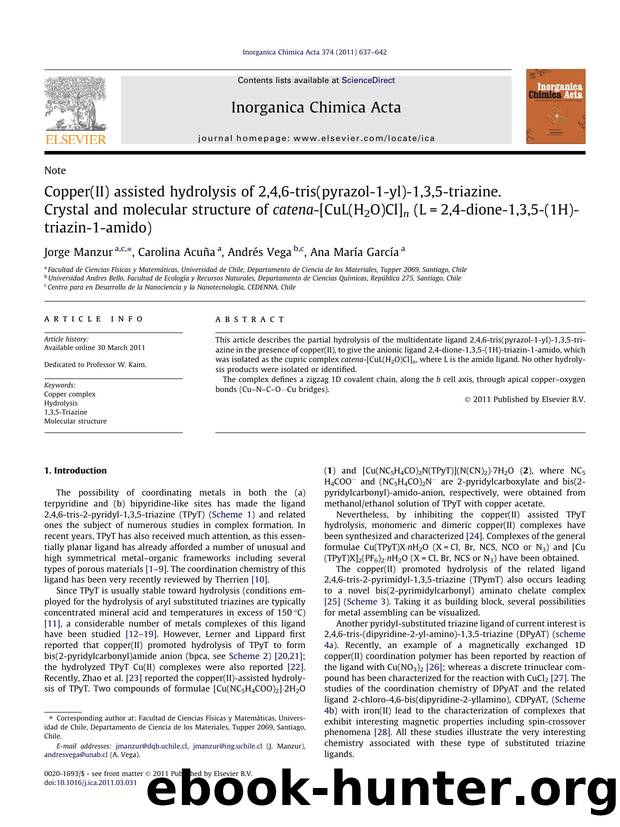 Copper(II) assisted hydrolysis of 2,4,6-tris(pyrazol-1-yl)-1,3,5-triazine. Crystal and molecular structure of catena-[CuL(H2O)Cl]n (L=2,4-dione-1,3,5-(1H)-triazin-1-amido) by Jorge Manzur & Carolina Acuña & Andrés Vega & Ana María García