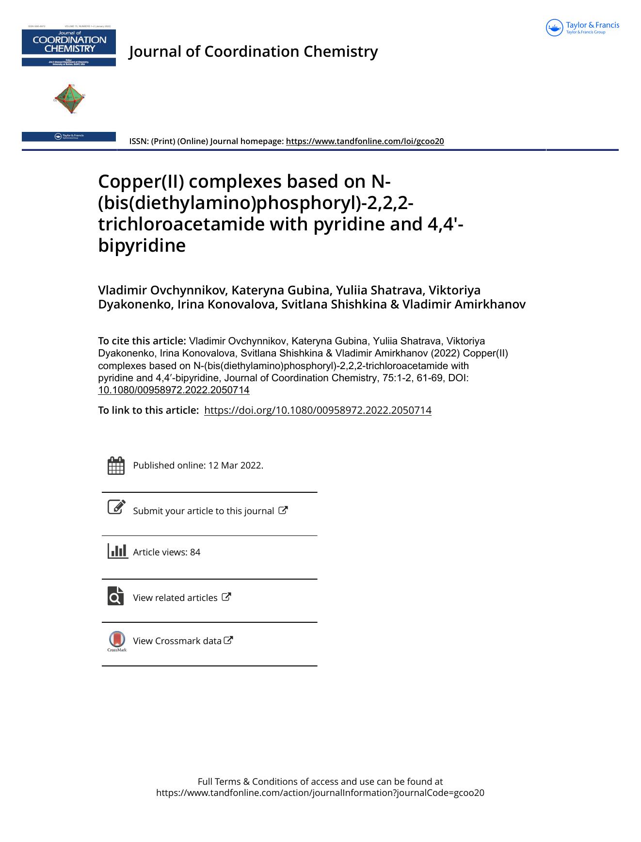 Copper(II) complexes based on N-(bis(diethylamino)phosphoryl)-2,2,2-trichloroacetamide with pyridine and 4,4â²-bipyridine by unknow