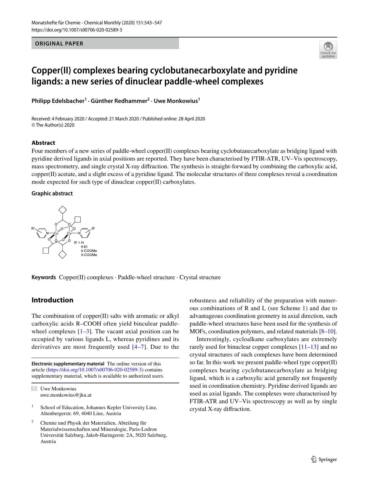 Copper(II) complexes bearing cyclobutanecarboxylate and pyridine ligands: a new series of dinuclear paddle-wheel complexes by Philipp Edelsbacher & Günther Redhammer & Uwe Monkowius