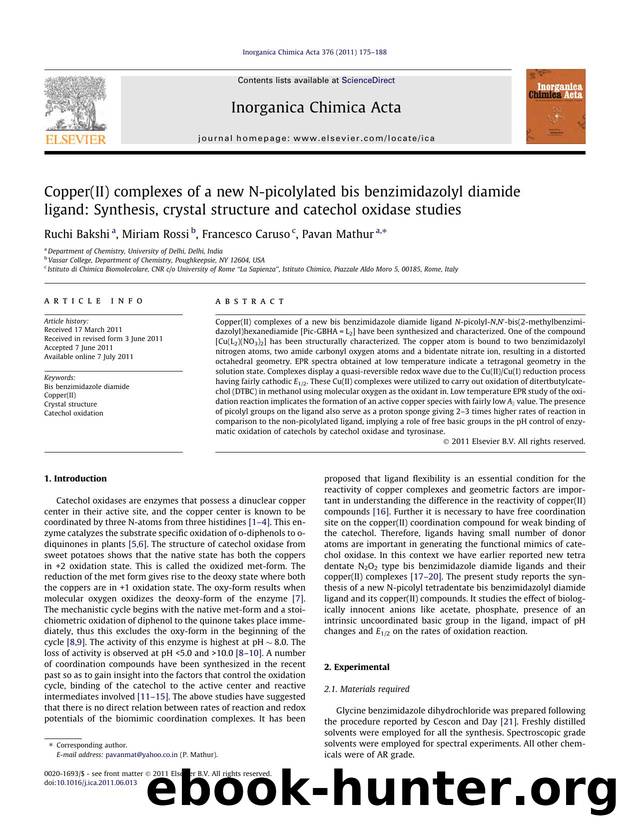 Copper(II) complexes of a new N-picolylated bis benzimidazolyl diamide ligand: Synthesis, crystal structure and catechol oxidase studies by Ruchi Bakshi & Miriam Rossi & Francesco Caruso & Pavan Mathur