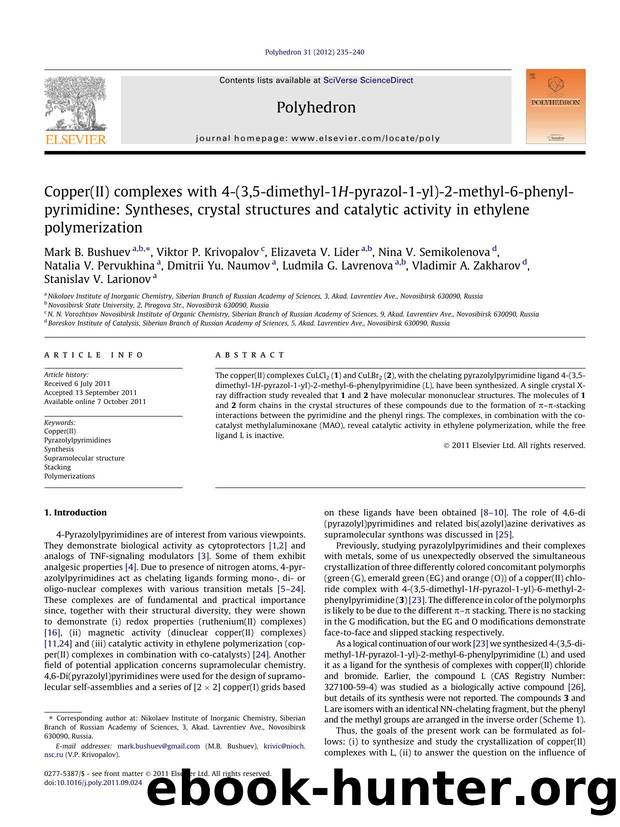 Copper(II) complexes with 4-(3,5-dimethyl-1H-pyrazol-1-yl)-2-methyl-6-phenylpyrimidine: Syntheses, crystal structures and catalytic activity in ethylene polymerization by unknow