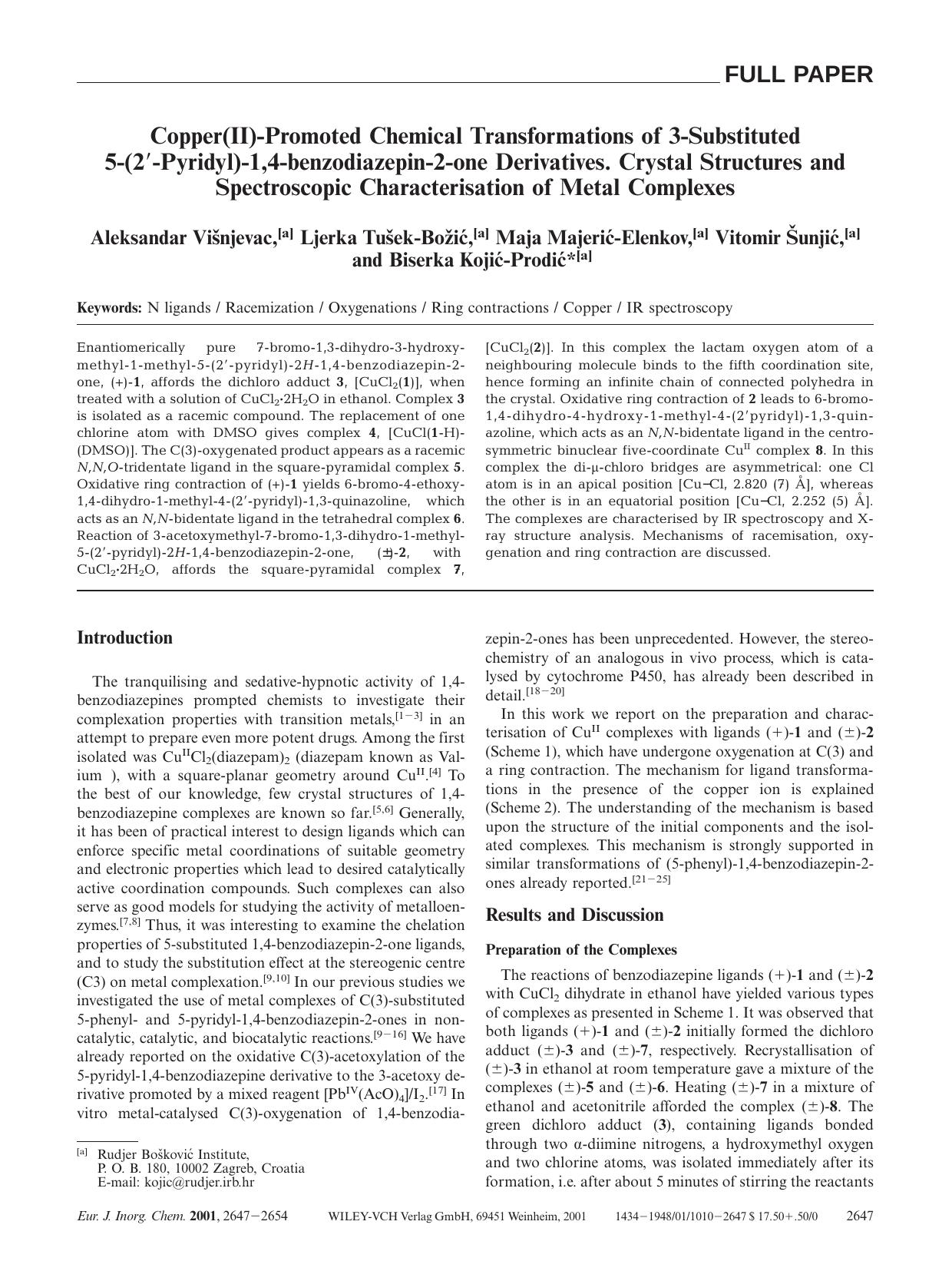 Copper(II)-Promoted Chemical Transformations of 3-Substituted 5-(2[prime]-Pyridyl)-1,4-benzodiazepin-2-one Derivatives. Crystal Structures and Spectroscopic Characterisation of Metal Complexes by Unknown