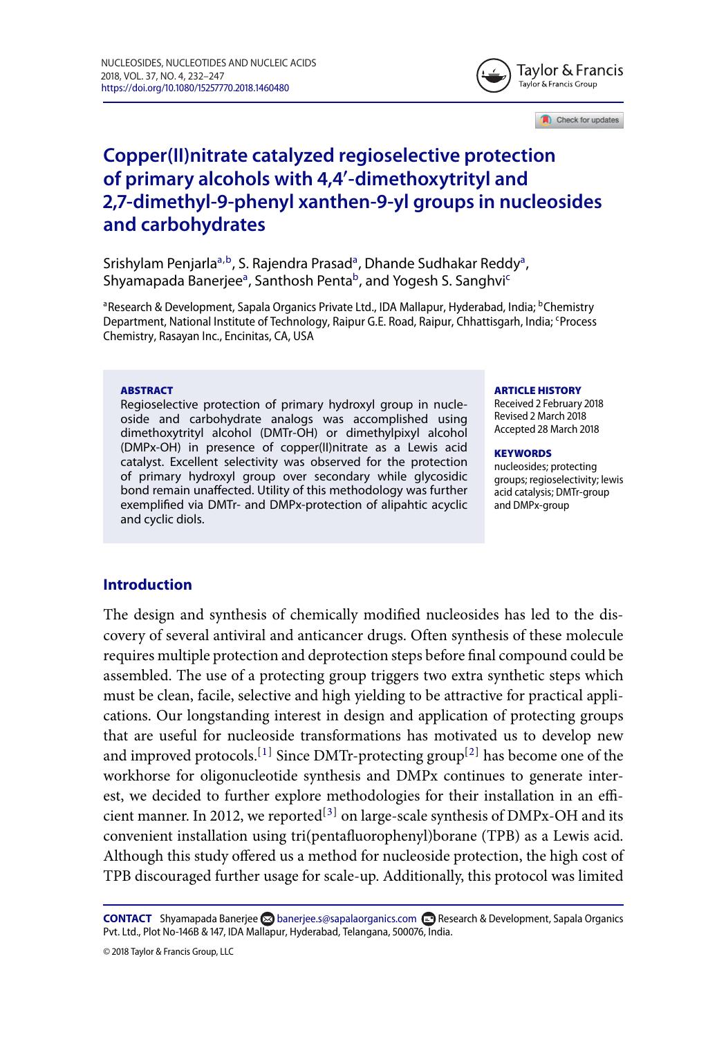 Copper(II)nitrate catalyzed regioselective protection of primary alcohols with 4,4-dimethoxytrityl and 2,7-dimethyl-9-phenyl xanthen-9-yl groups in nucleosides and carbohydrates by unknow