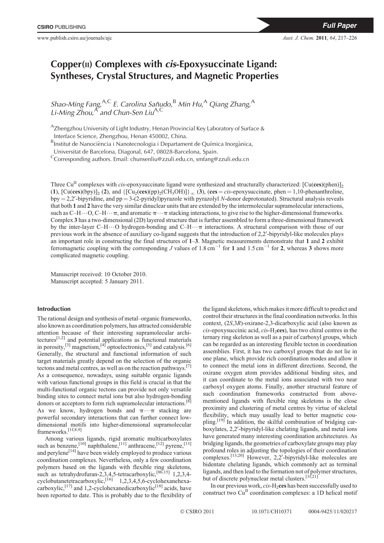 Copper(ii) Complexes with cis-Epoxysuccinate Ligand: Syntheses, Crystal Structures, and Magnetic Properties by S.-M. Fang et al