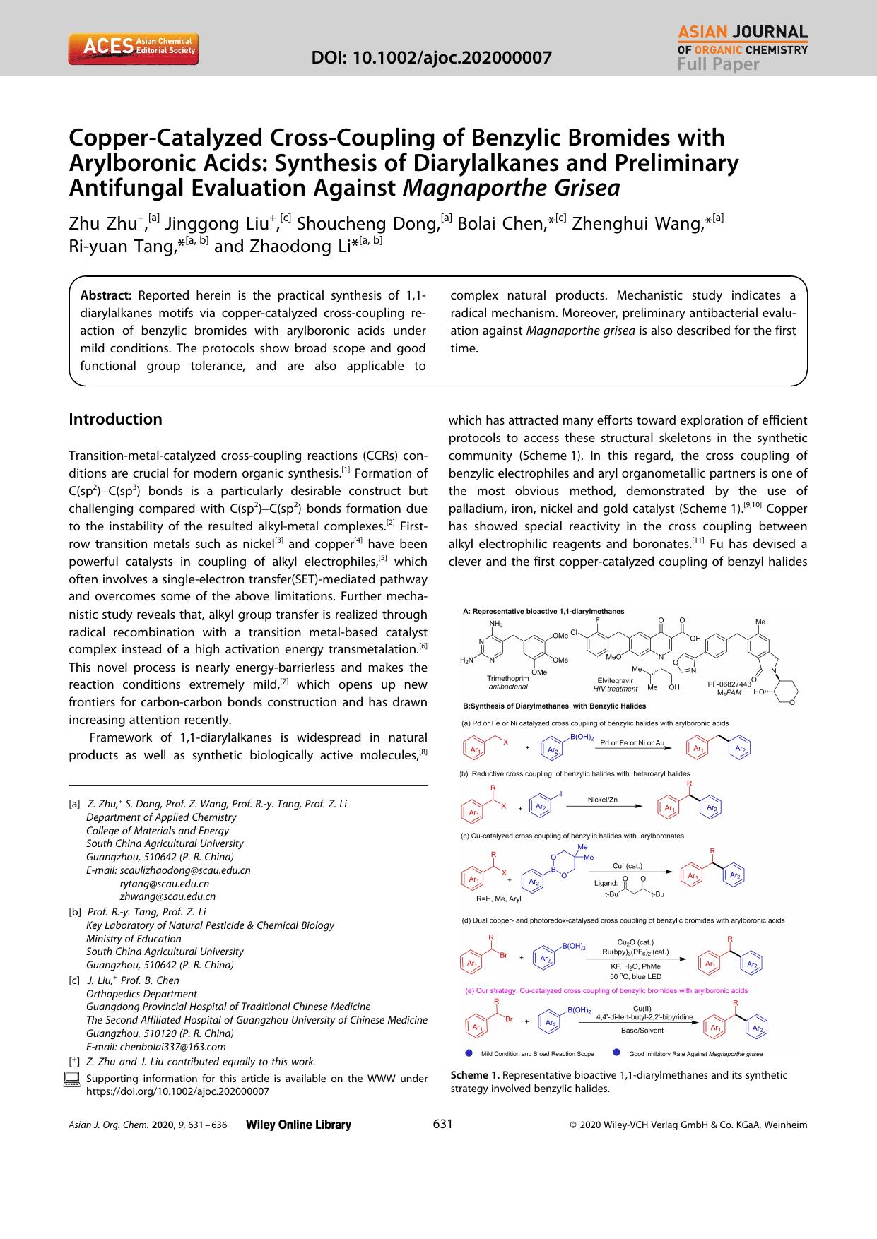 CopperâCatalyzed CrossâCoupling of Benzylic Bromides with Arylboronic Acids: Synthesis of Diarylalkanes and Preliminary Antifungal Evaluation Against Magnaporthe Grisea by Unknown