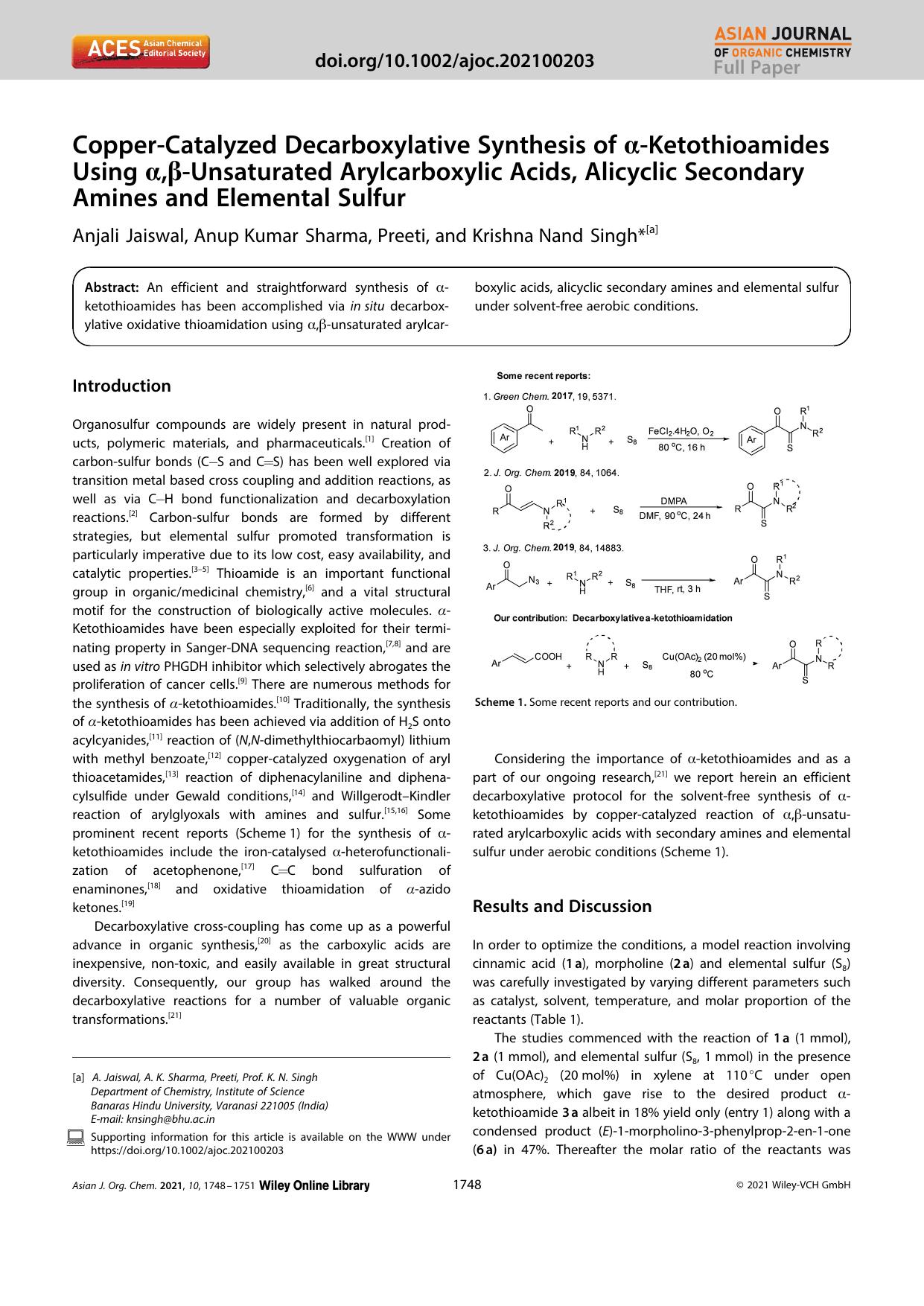 CopperâCatalyzed Decarboxylative Synthesis of Î±âKetothioamides Using Î±,Î²âUnsaturated Arylcarboxylic Acids, Alicyclic Secondary Amines and Elemental Sulfur by Unknown