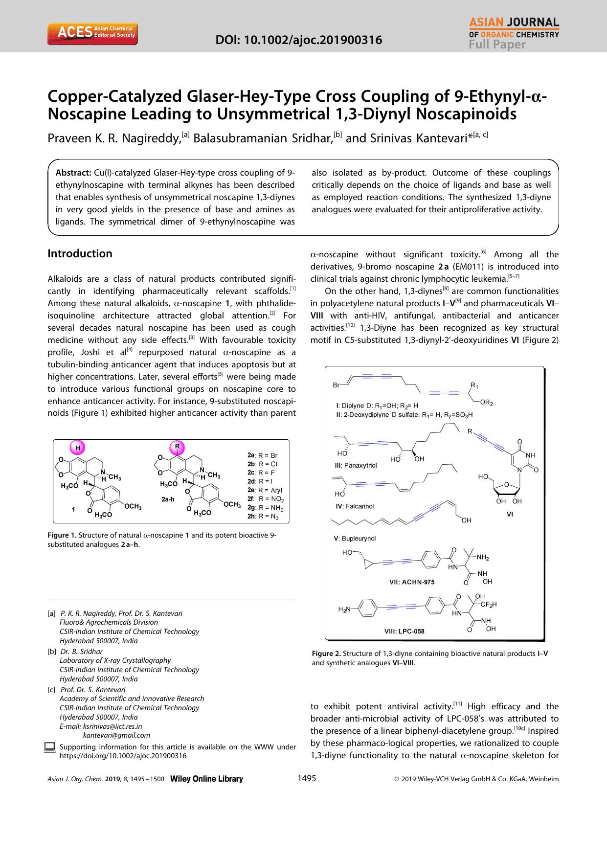 CopperâCatalyzed GlaserâHeyâType Cross Coupling of 9âEthynylâÎ±âNoscapine Leading to Unsymmetrical 1,3âDiynyl Noscapinoids by Unknown