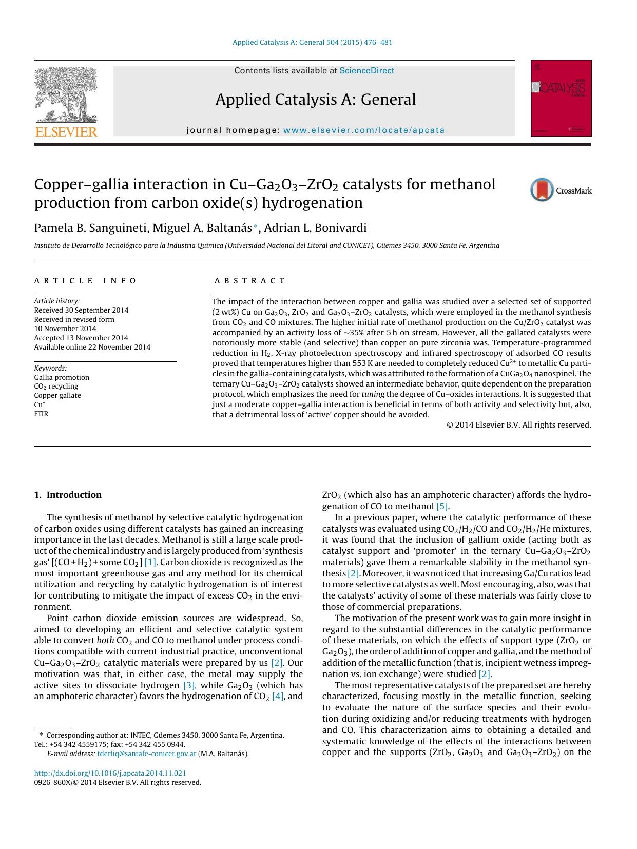 Copperâgallia interaction in CuâGa2O3âZrO2 catalysts for methanol production from carbon oxide(s) hydrogenation by Pamela B. Sanguineti & Miguel A. Baltanás & Adrian L. Bonivardi