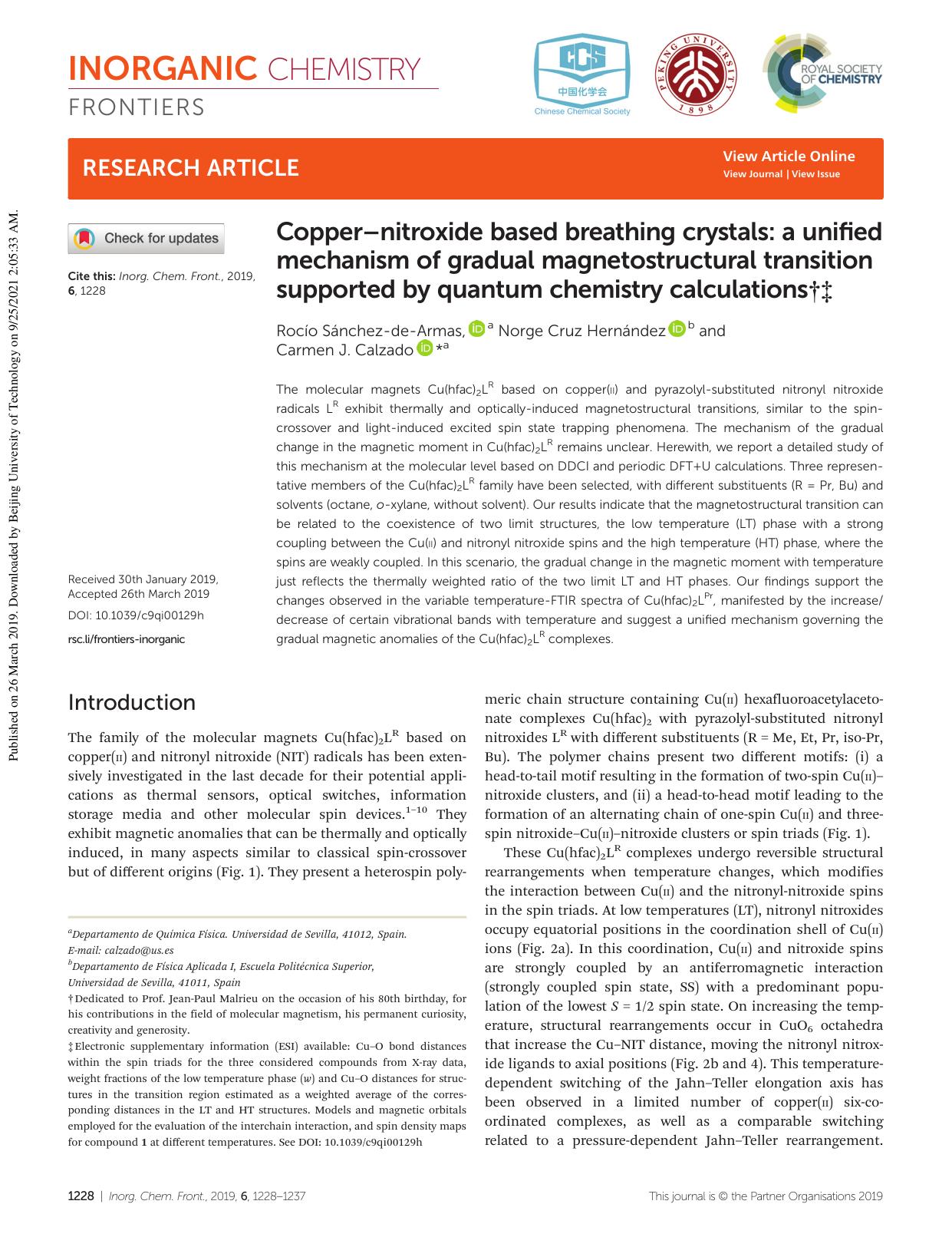 Copperânitroxide based breathing crystals: a unified mechanism of gradual magnetostructural transition supported by quantum chemistry calculations by Rocío Sánchez-de-Armas Norge Cruz Hernández Carmen J. Calzado