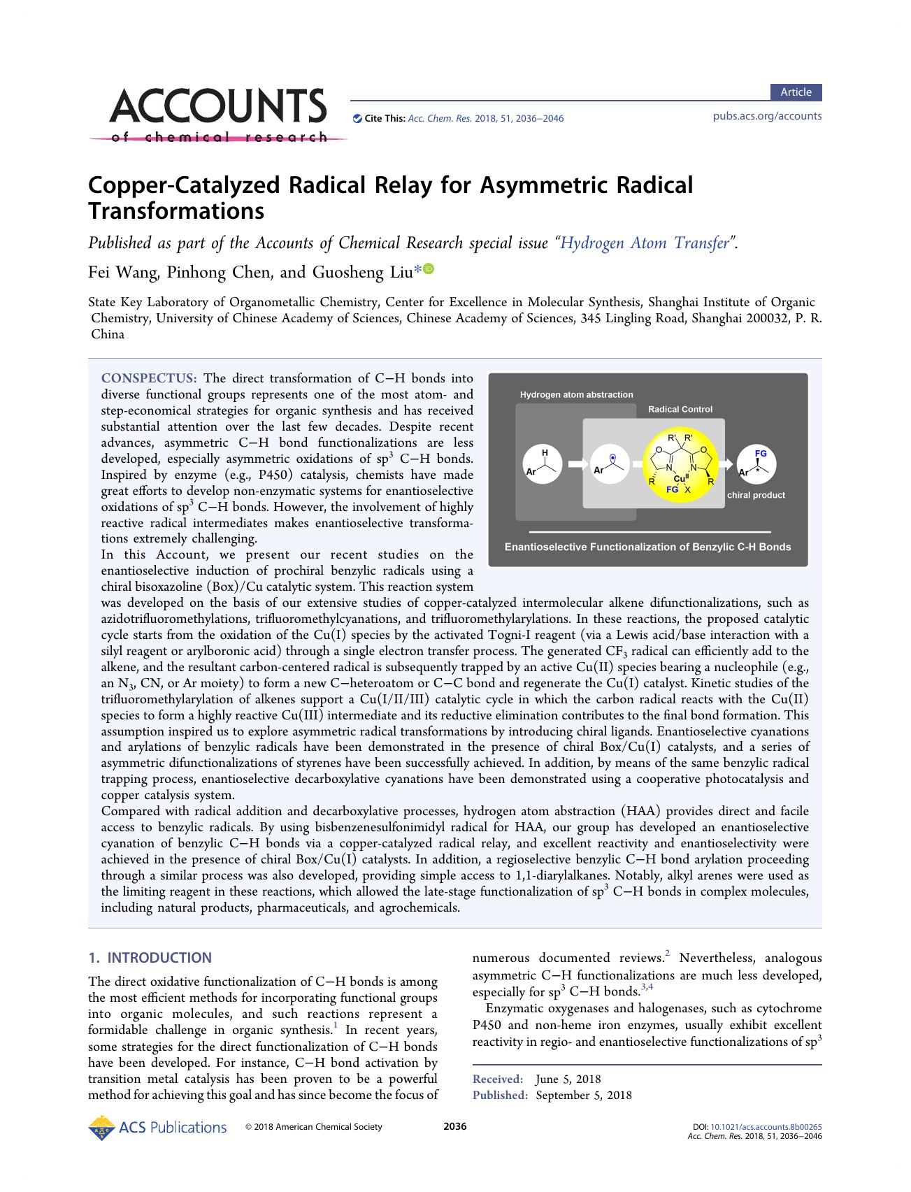 Copper-Catalyzed Radical Relay for Asymmetric Radical Transformations by Fei Wang; Pinhong Chen; Guosheng Liu & Pinhong Chen & Guosheng Liu