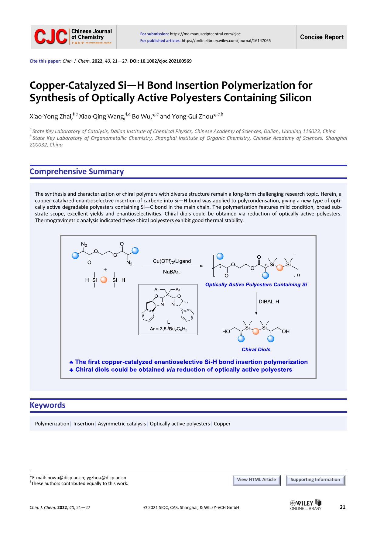 Copper-catalyzed Si-H Bond Insertion Polymerization for Synthesis of Optically Active Polyesters Containing Silicon by USER