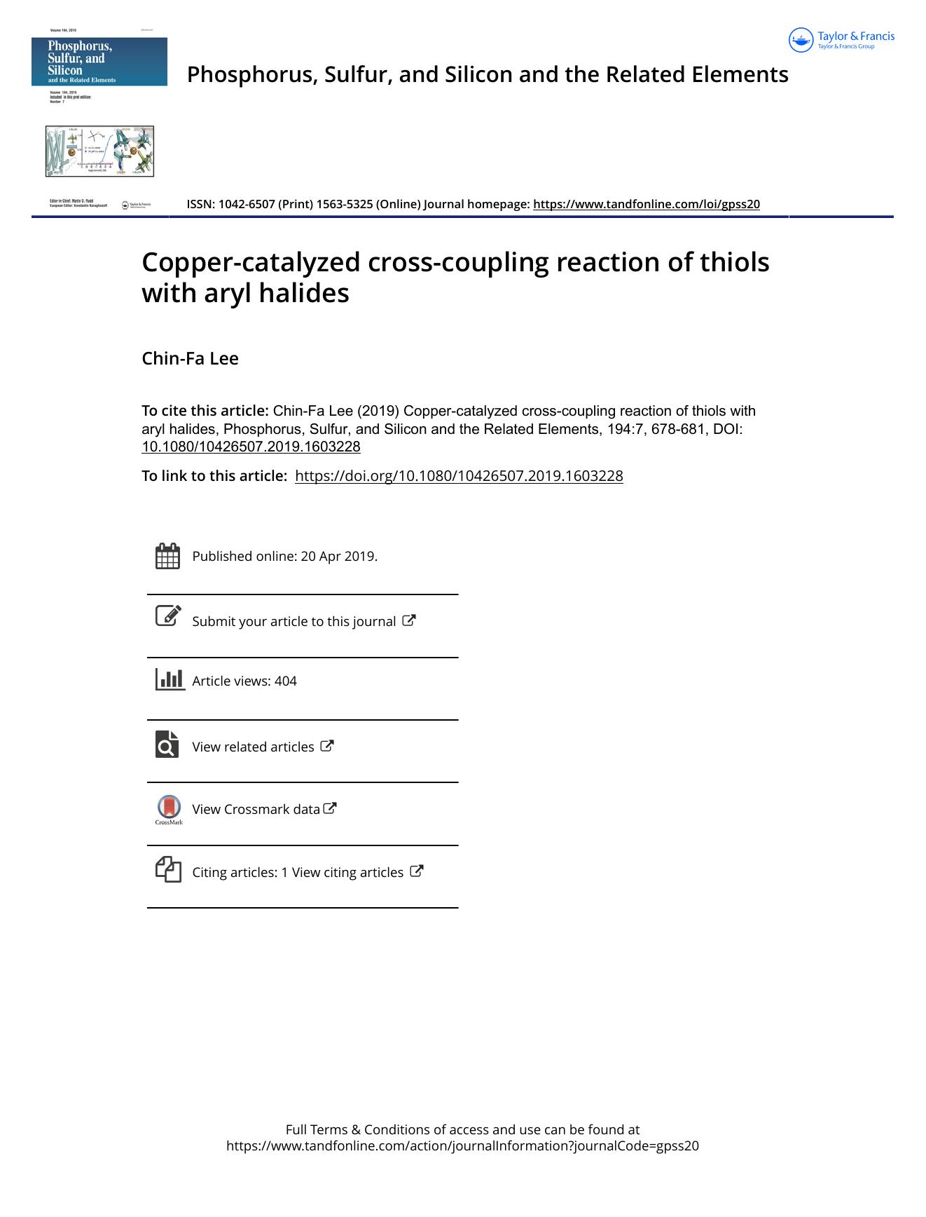 Copper-catalyzed cross-coupling reaction of thiols with aryl halides by Lee Chin-Fa