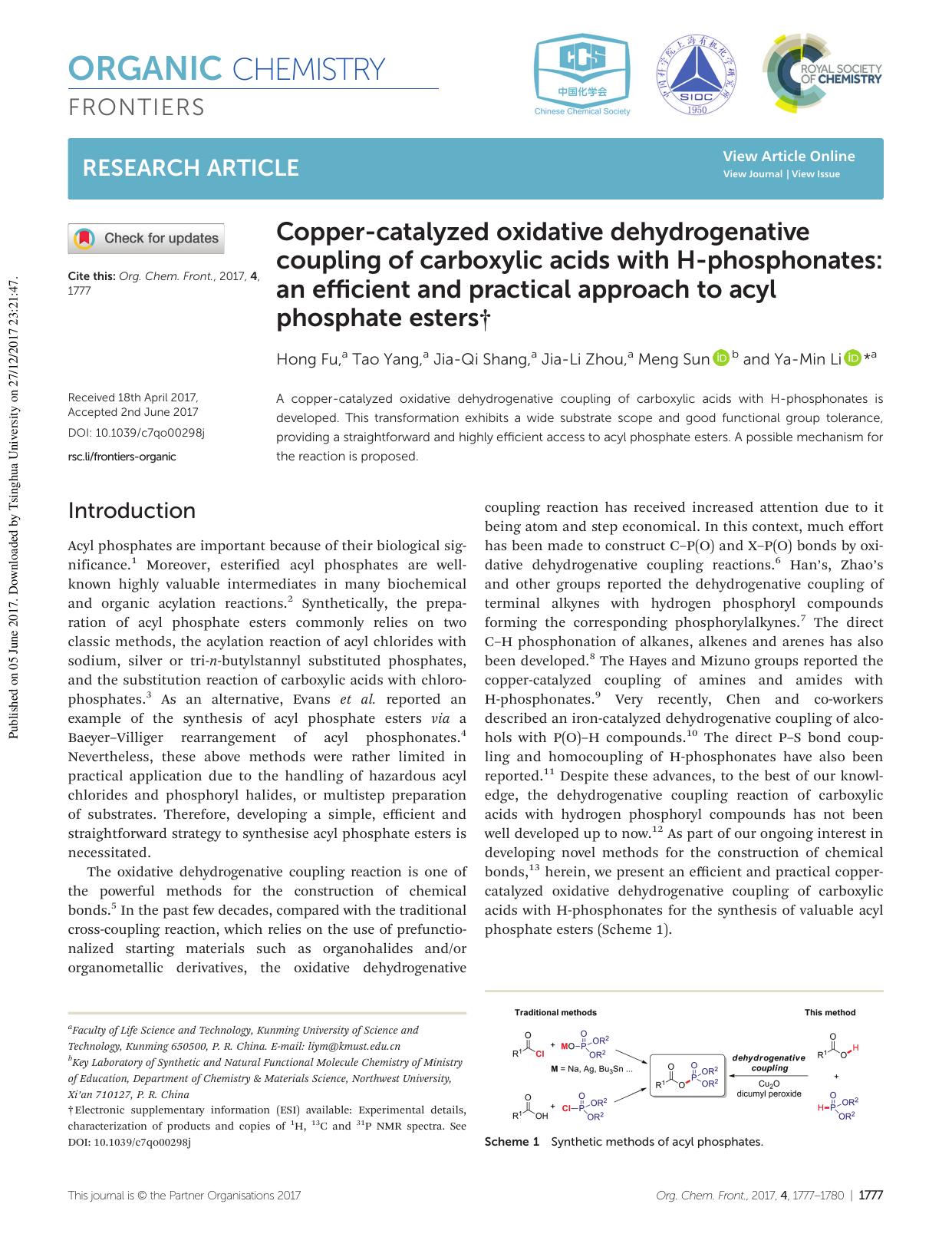 Copper-catalyzed oxidative dehydrogenative coupling of carboxylic acids with H-phosphonates: an efficient and practical approach to acyl phosphate esters by Hong Fu Tao Yang Jia-Qi Shang Jia-Li Zhou Meng Sun Ya-Min Li