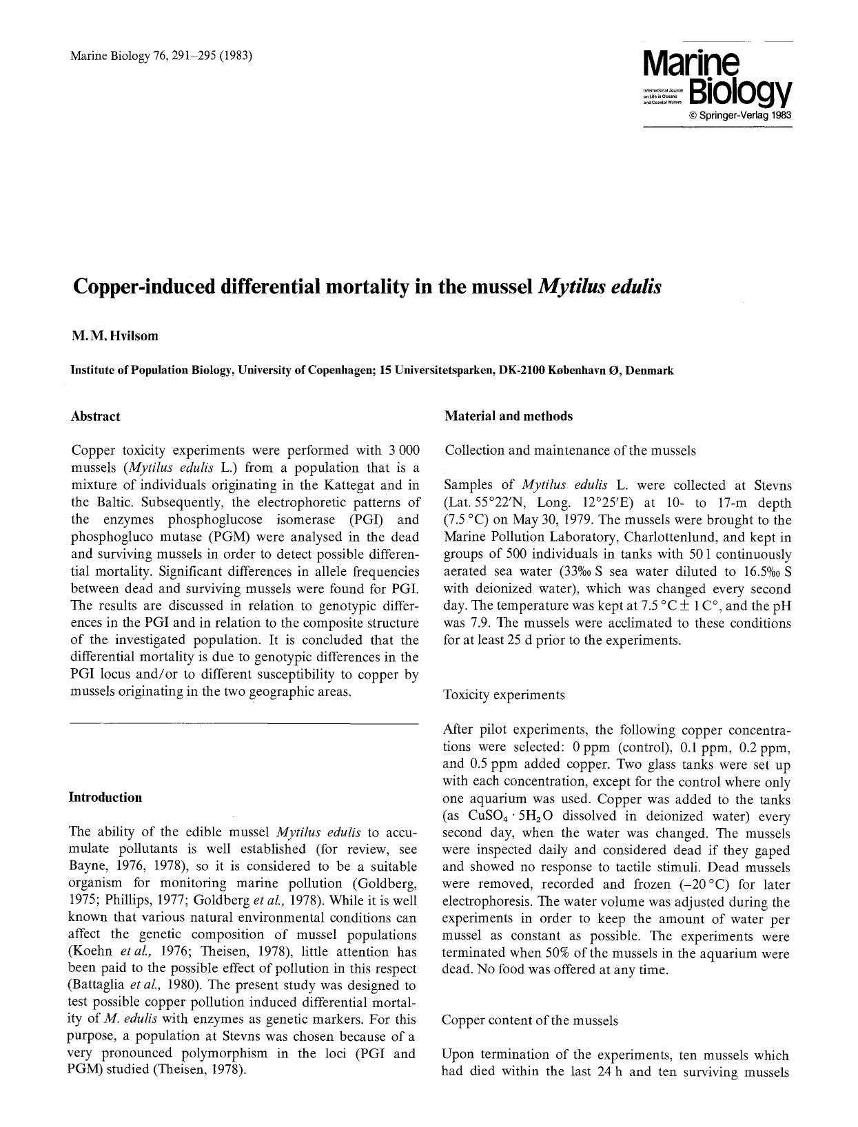 Copper-induced differential mortality in the mussel <Emphasis Type="Italic">Mytilus edulis<Emphasis> by Unknown