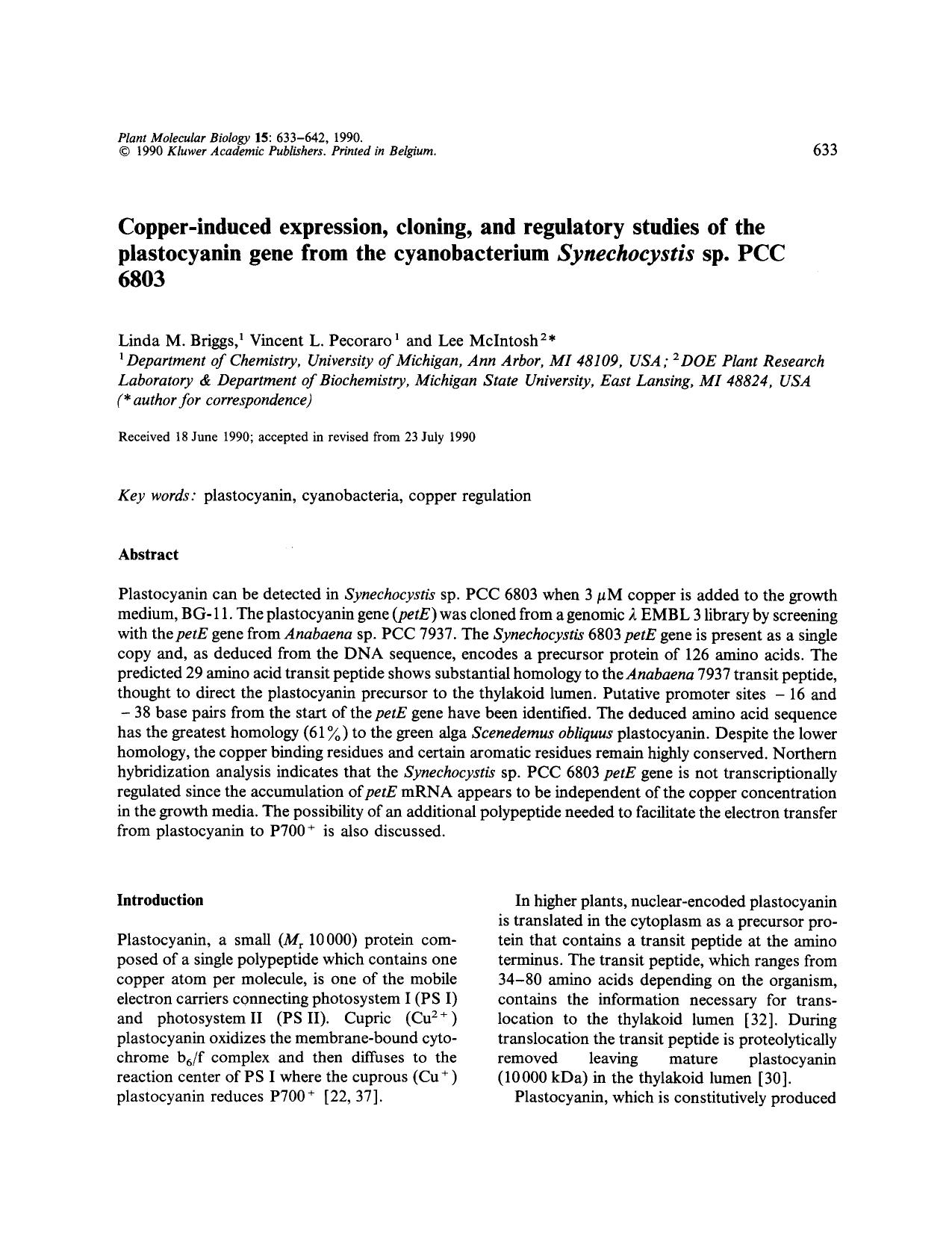 Copper-induced expression, cloning, and regulatory studies of the plastocyanin gene from the cyanobacterium <Emphasis Type="Italic">Synechocystis <Emphasis> sp. PCC 6803 by Unknown