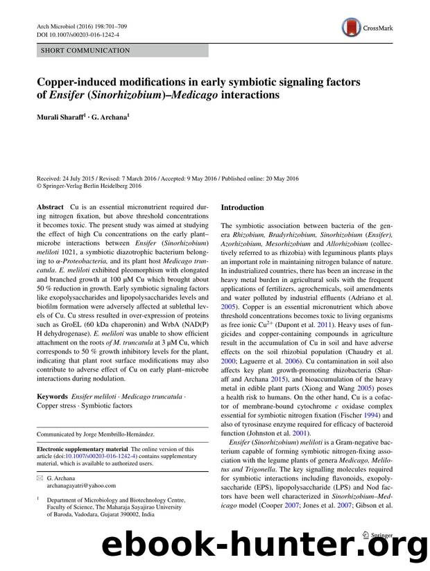 Copper-induced modifications in early symbiotic signaling factors of Ensifer (Sinorhizobium)âMedicago interactions by Murali Sharaff & G. Archana