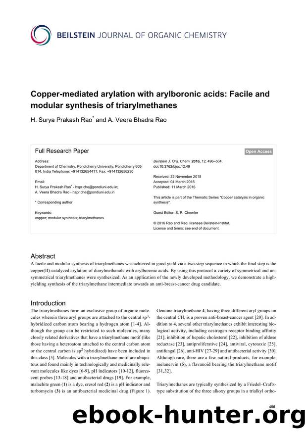 Copper-mediated arylation with arylboronic acids: Facile and modular synthesis of triarylmethanes by H. Surya Prakash Rao A. Veera Bhadra Rao