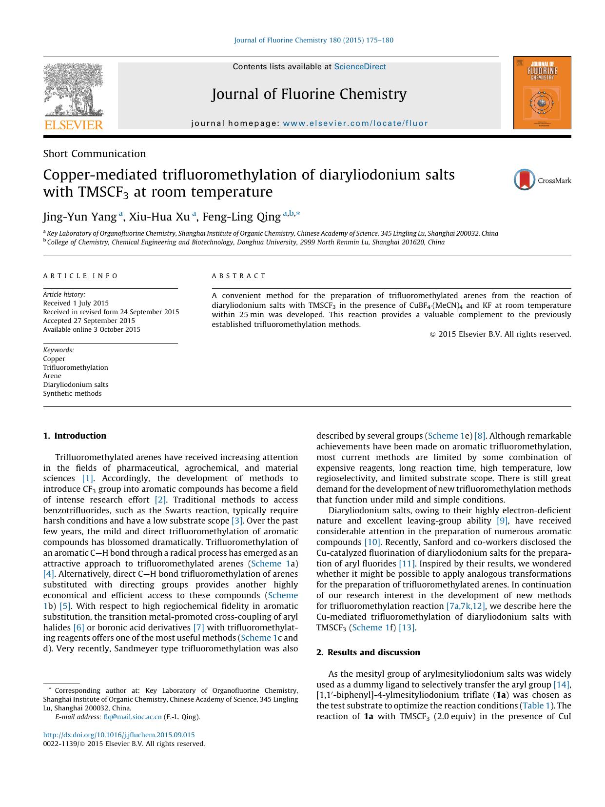 Copper-mediated trifluoromethylation of diaryliodonium salts with TMSCF3 at room temperature by Jing-Yun Yang