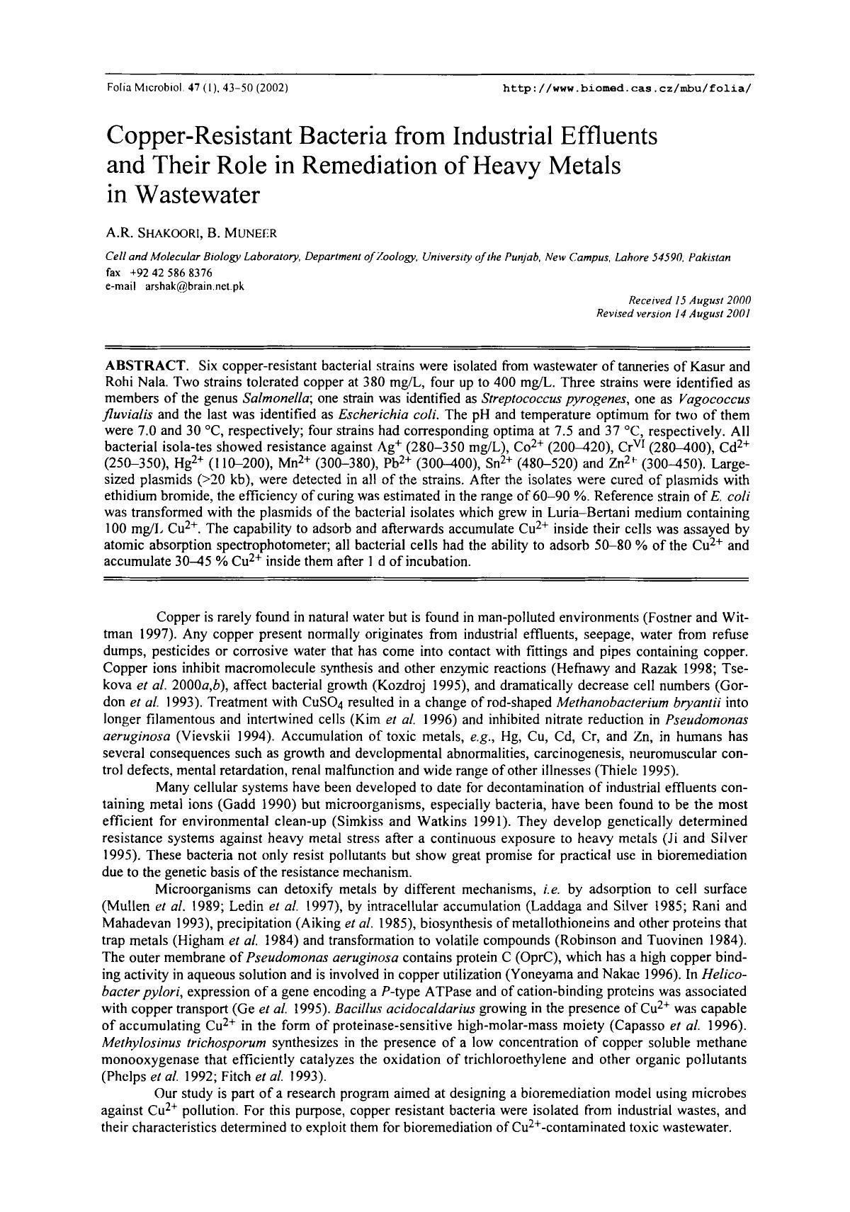 Copper-resistant bacteria from industrial effluents and their role in remediation of heavy metals in wastewater by Unknown