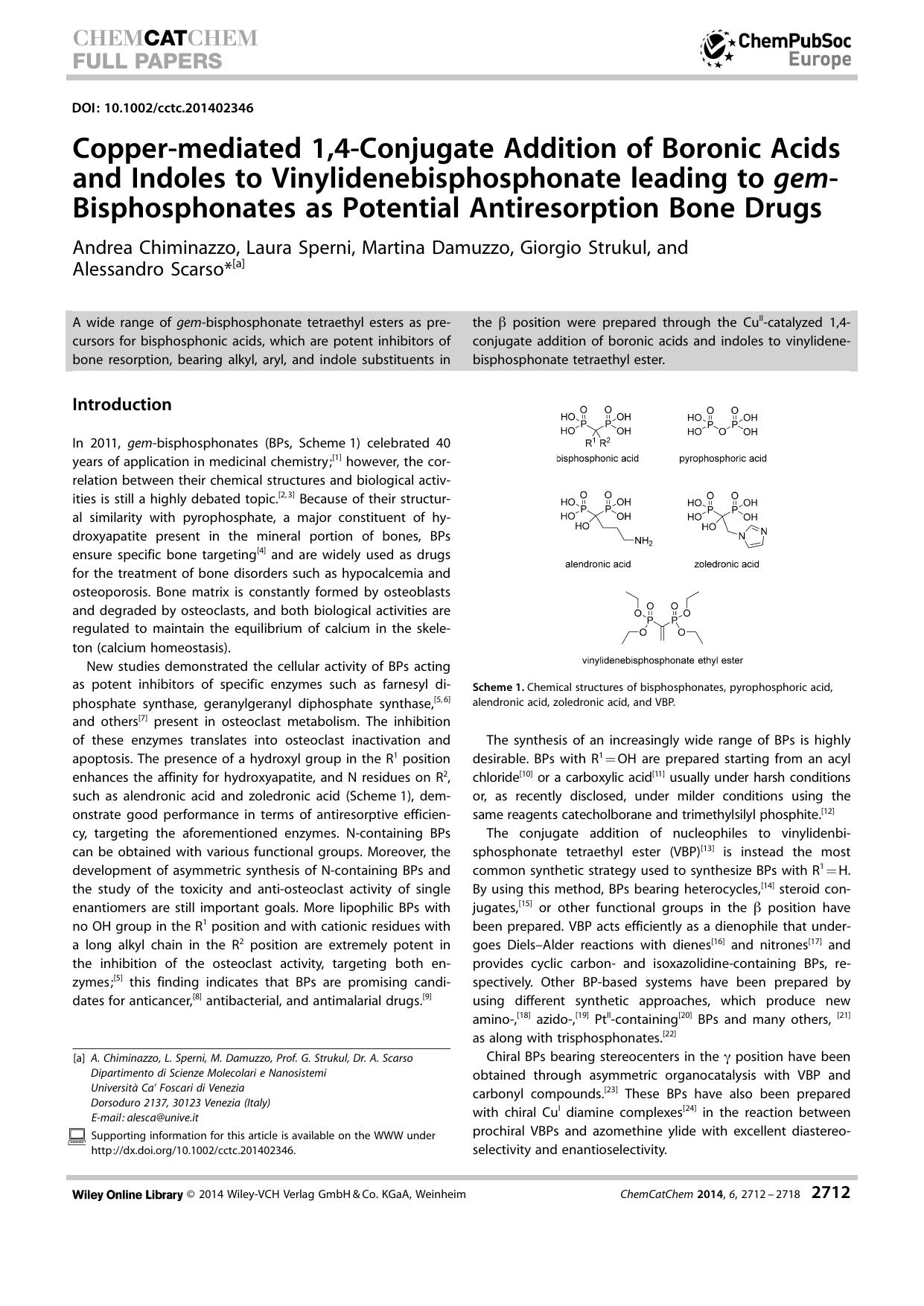 Coppermediated 1,4Conjugate Addition of Boronic Acids and Indoles to Vinylidenebisphosphonate leading to gemBisphosphonates as Potential Antiresorption Bone Drugs by Unknown