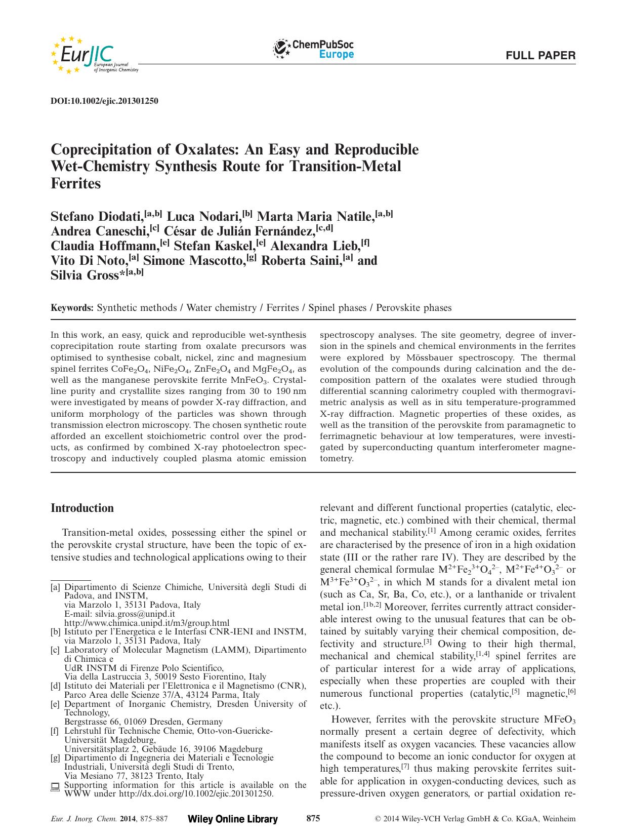 Coprecipitation of Oxalates: An Easy and Reproducible WetChemistry Synthesis Route for TransitionMetal Ferrites by Unknown