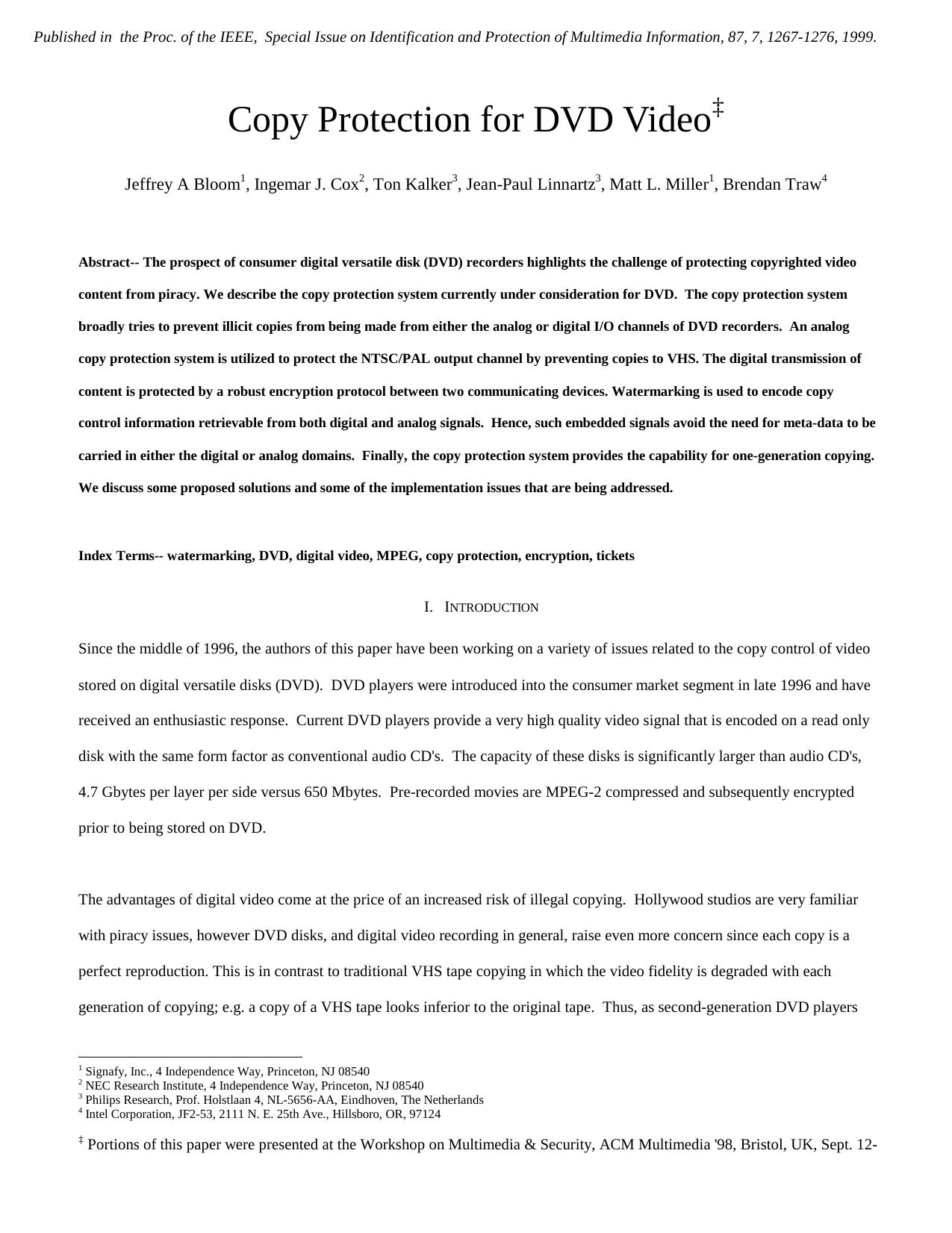 Copy Protection for DVD Video by Bloom Cox Kalker Linnartz Miller Traw