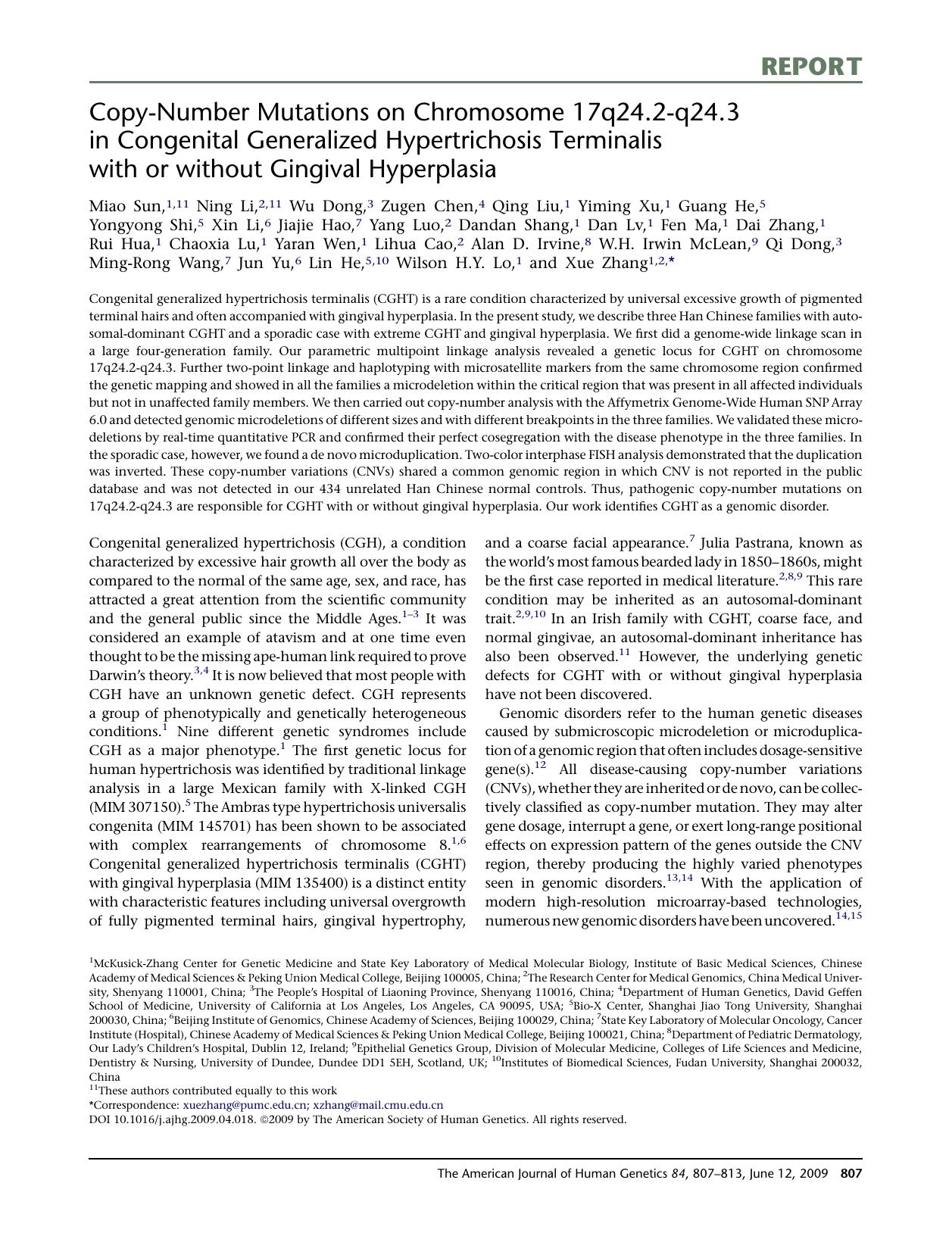 Copy-Number Mutations on Chromosome 17q24.2-q24.3 in Congenital Generalized Hypertrichosis Terminalis with or without Gingival Hyperplasia by unknow