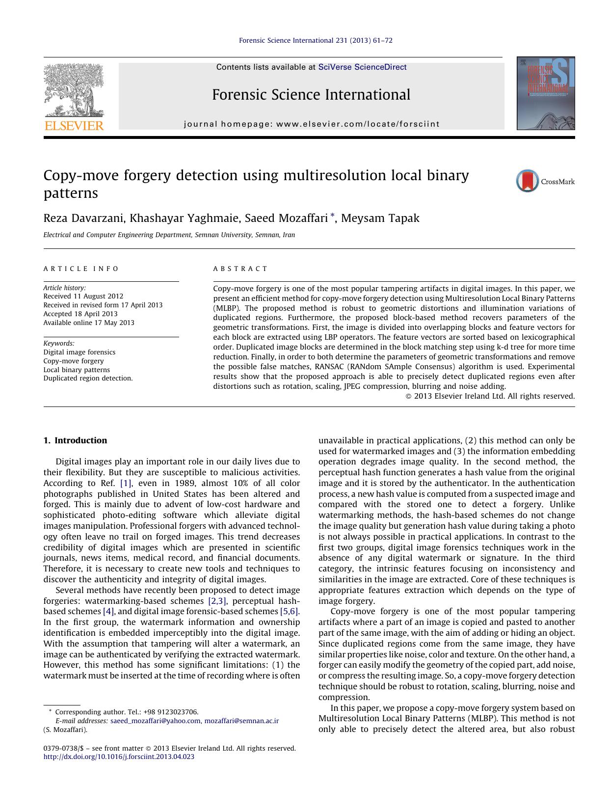Copy-move forgery detection using multiresolution local binary patterns by Reza Davarzani & Khashayar Yaghmaie & Saeed Mozaffari & Meysam Tapak