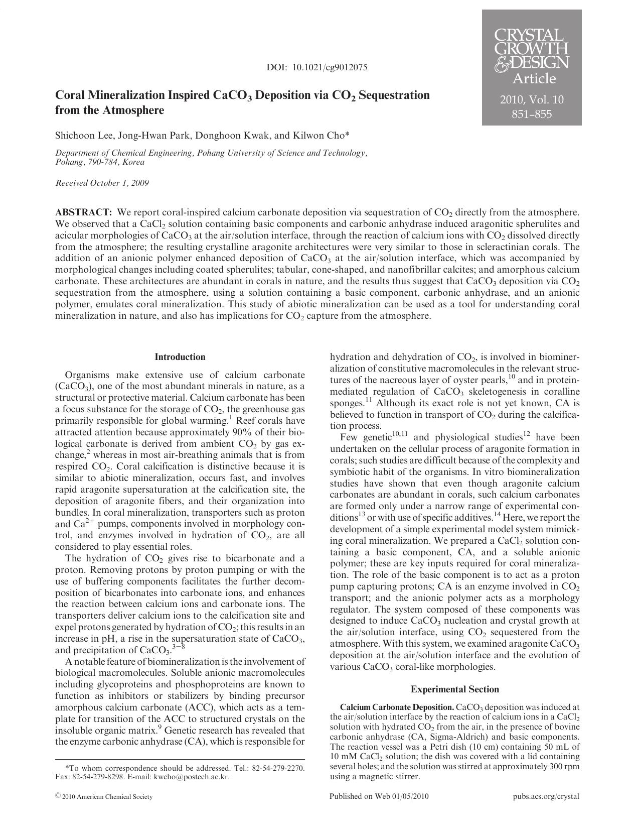 Coral Mineralization Inspired CaCO<sub>3<sub> Deposition via CO<sub>2<sub> Sequestration from the Atmosphere by Unknown