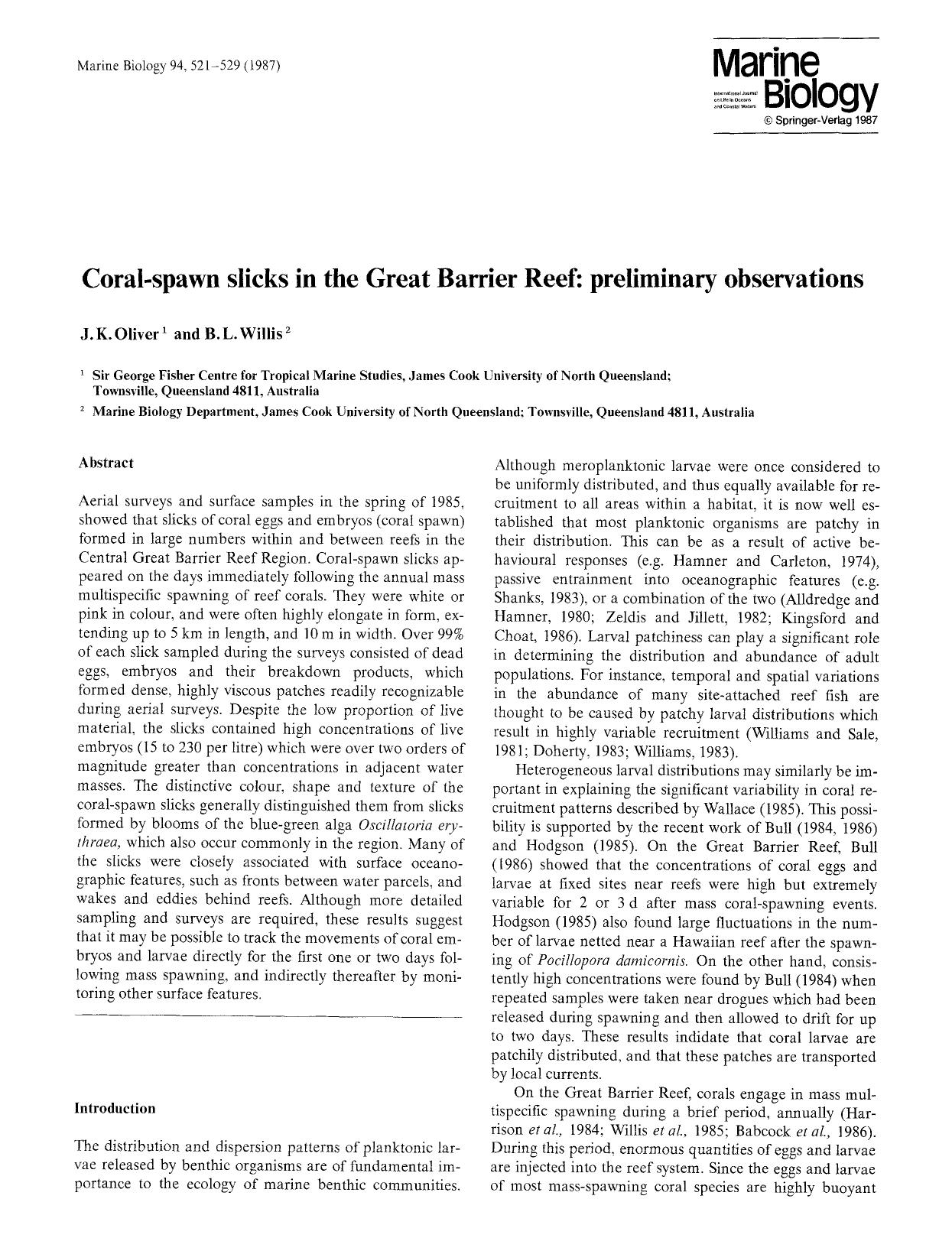Coral-spawn slicks in the Great Barrier Reef: preliminary observations by Unknown