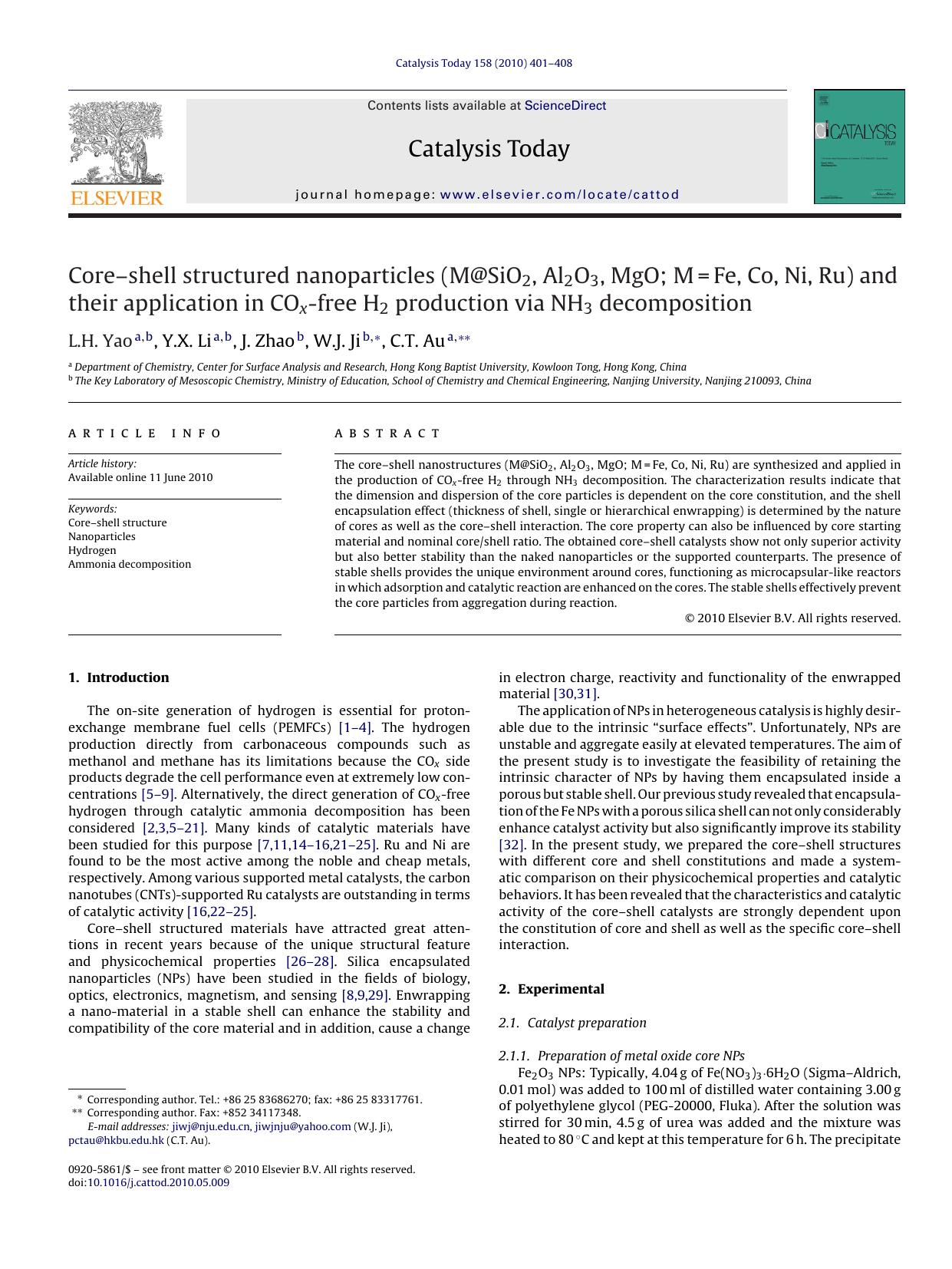CoreÃ¢â¬âshell structured nanoparticles (M@SiO2, Al2O3, MgO; M=Fe, Co, Ni, Ru) and their application in COx-free H2 production via NH3 decomposition by L.H. Yao