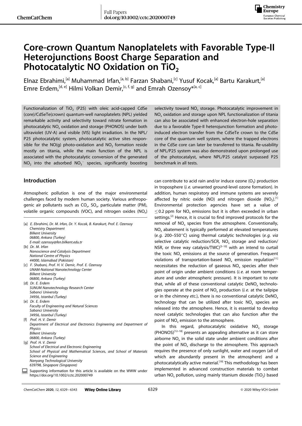 Coreâcrown Quantum Nanoplatelets with Favorable TypeâII Heterojunctions Boost Charge Separation and Photocatalytic NO Oxidation on TiO2 by Unknown