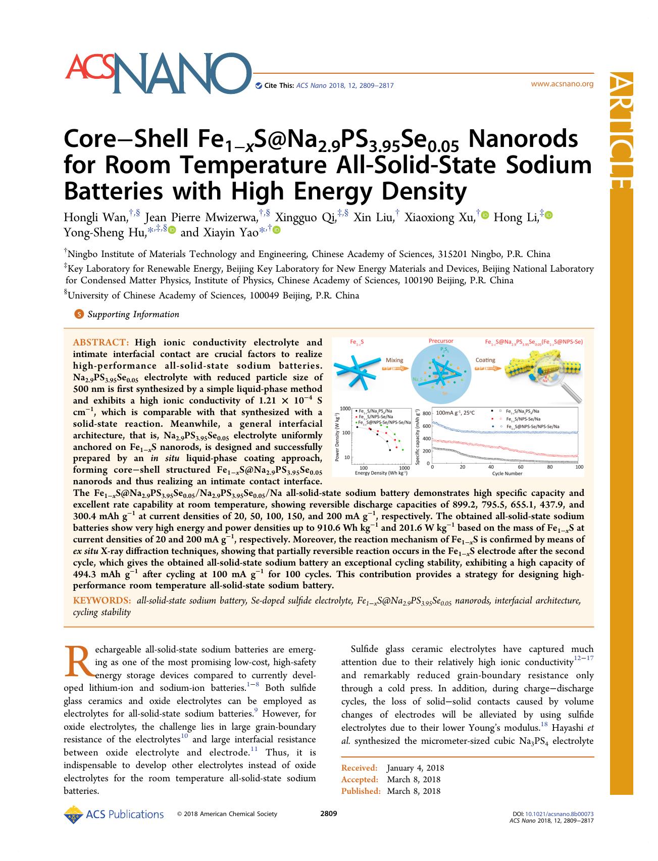 CoreâShell Fe1âxS@Na2.9PS3.95Se0.05 Nanorods for Room Temperature All-Solid-State Sodium Batteries with High Energy Density by unknow