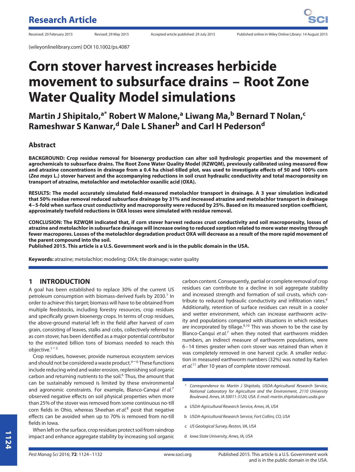 Corn stover harvest increases herbicide movement to subsurface drains -- Root Zone Water Quality Model simulations by Unknown