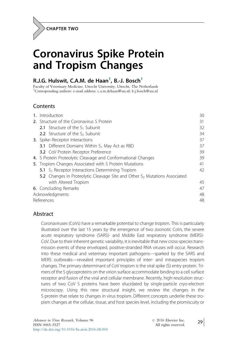 Coronavirus Spike Protein and Tropism Changes by R.J.G. Hulswit & C.A.M. de Haan & B.-J. Bosch