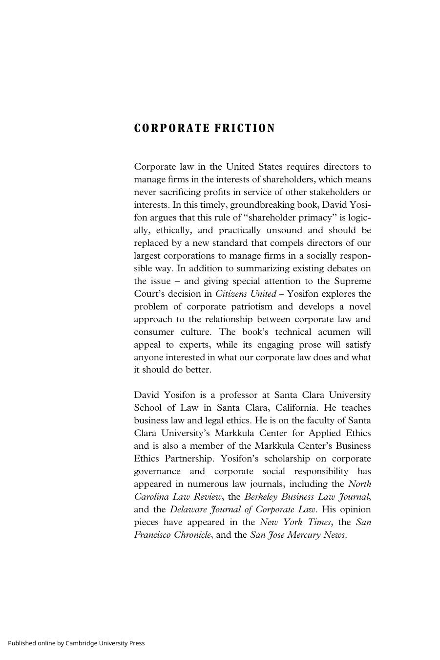 Corporate Friction: How Corporate Law Impedes American Progress and What to Do about It by David Yosifon