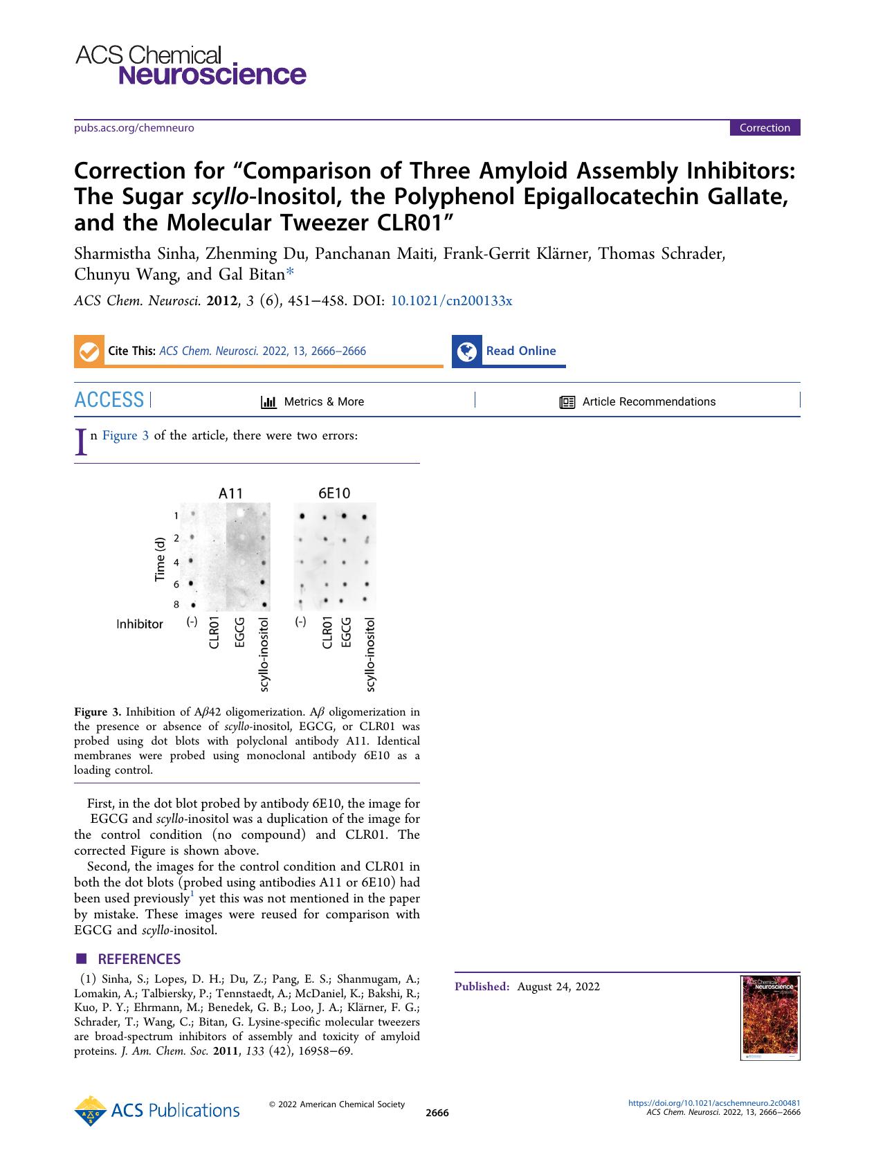 Correction for âComparison of Three Amyloid Assembly Inhibitors: The Sugar scyllo-Inositol, the Polyphenol Epigallocatechin Gallate, and the Molecular Tweezer CLR01â by unknow
