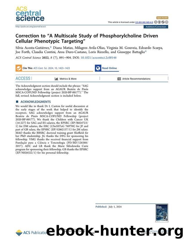 Correction to âA Multiscale Study of Phosphorylcholine Driven Cellular Phenotypic Targetingâ by unknow