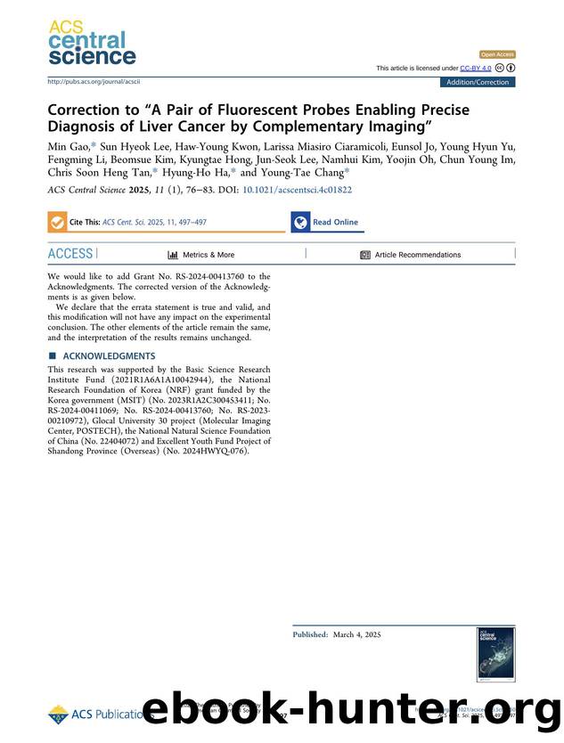 Correction to âA Pair of Fluorescent Probes Enabling Precise Diagnosis of Liver Cancer by Complementary Imagingâ by unknow