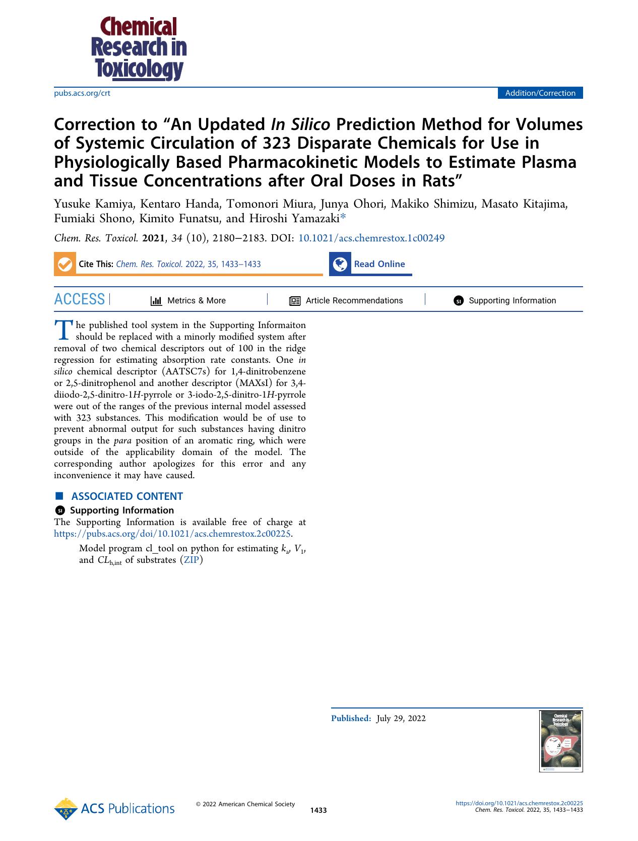 Correction to âAn Updated In Silico Prediction Method for Volumes of Systemic Circulation of 323 Disparate Chemicals for Use in Physiologically Based Pharmacokinetic Models to Es by unknow