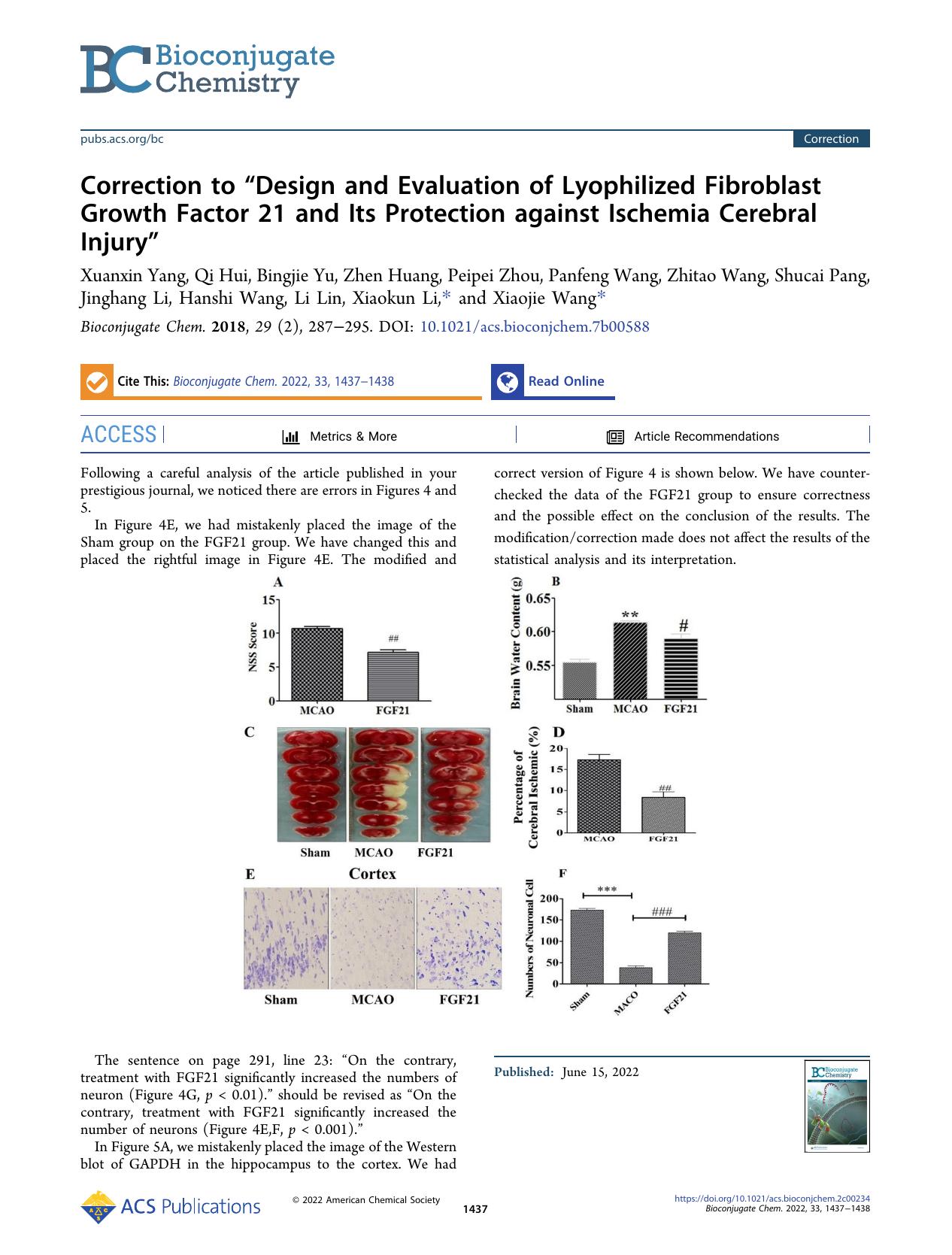 Correction to âDesign and Evaluation of Lyophilized Fibroblast Growth Factor 21 and Its Protection against Ischemia Cerebral Injuryâ by unknow