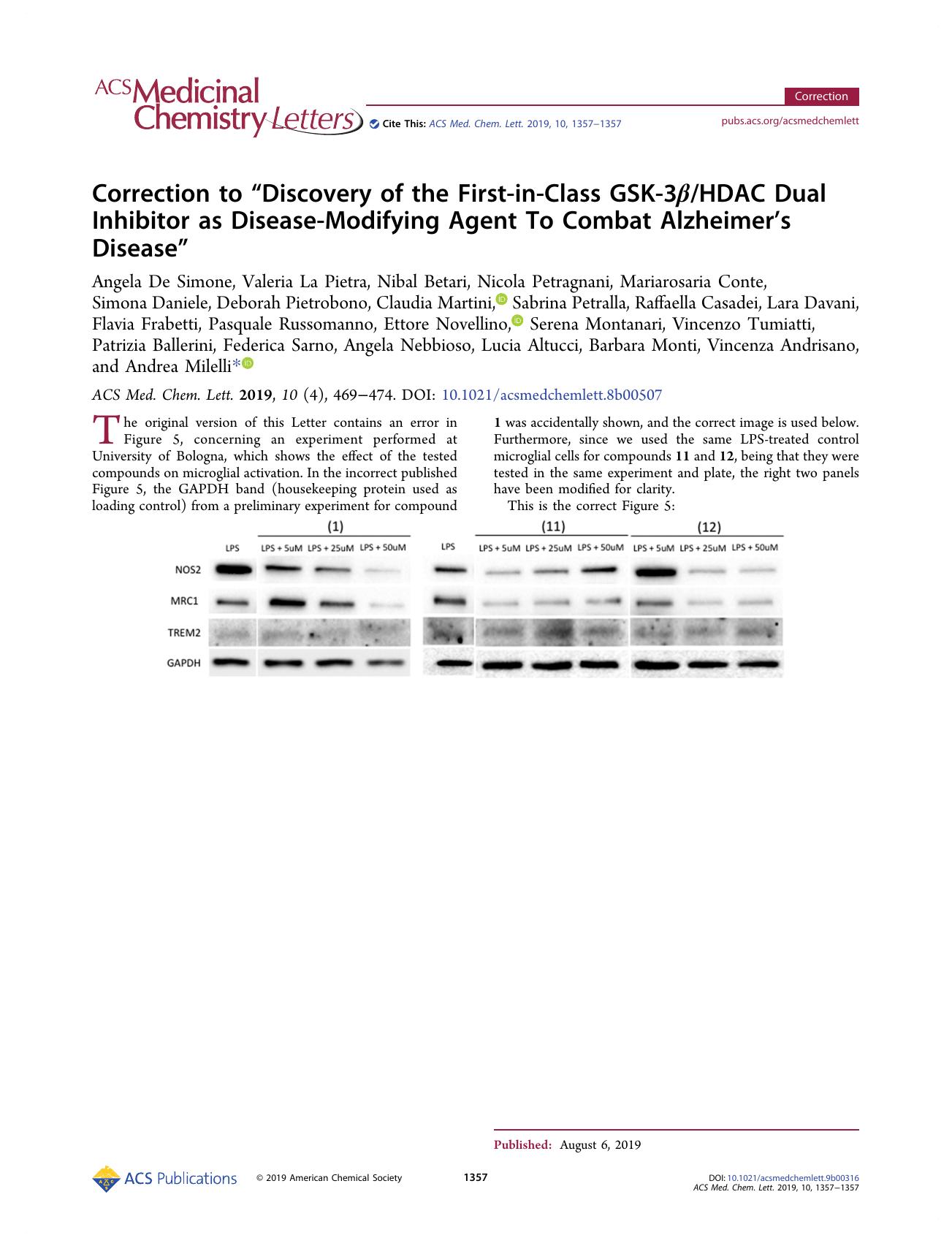 Correction to âDiscovery of the First-in-Class GSK-3Î²HDAC Dual Inhibitor as Disease-Modifying Agent To Combat Alzheimerâs Diseaseâ by unknow