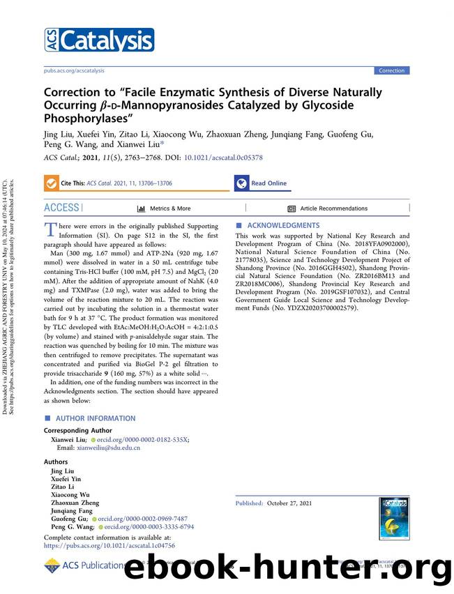 Correction to âFacile Enzymatic Synthesis of Diverse Naturally Occurring Î²-d-Mannopyranosides Catalyzed by Glycoside Phosphorylasesâ by unknow